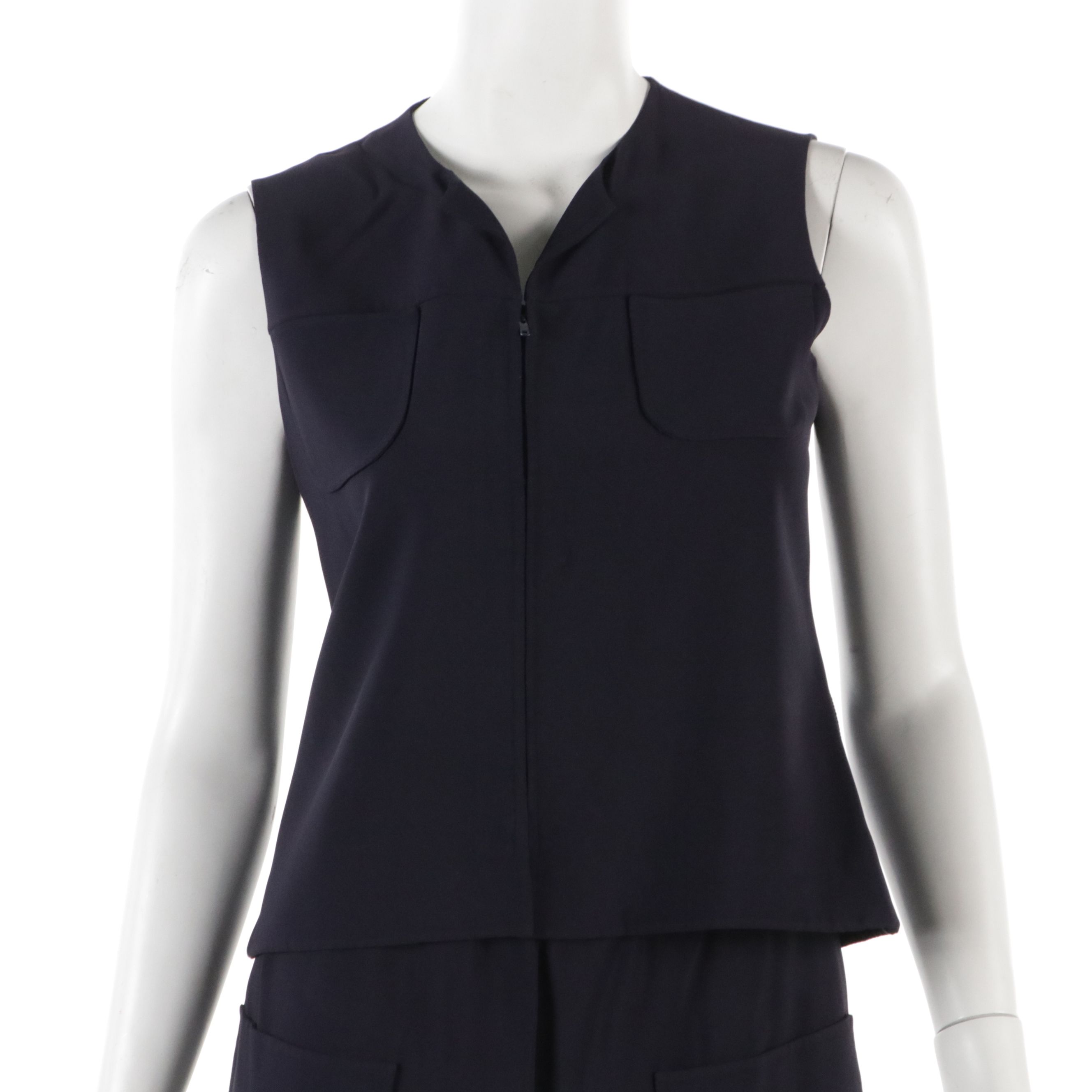 Valentino Couture Navy Blue Silk Blend Sleeveless Vest and Pencil Skirt Set