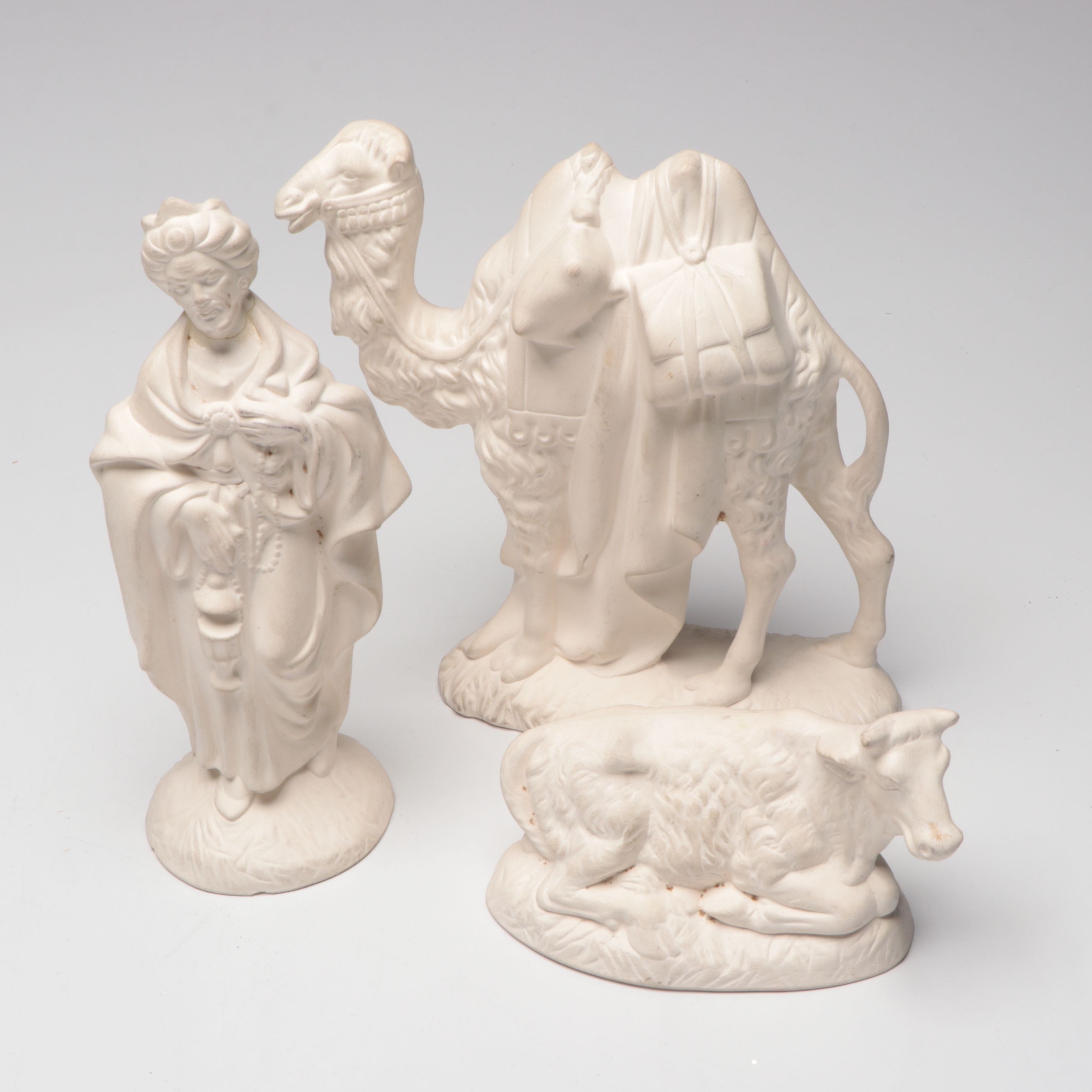 Atlantic Mold Bisque Nativity Figures with Lighted Crèche, Mid to Late 20th C.