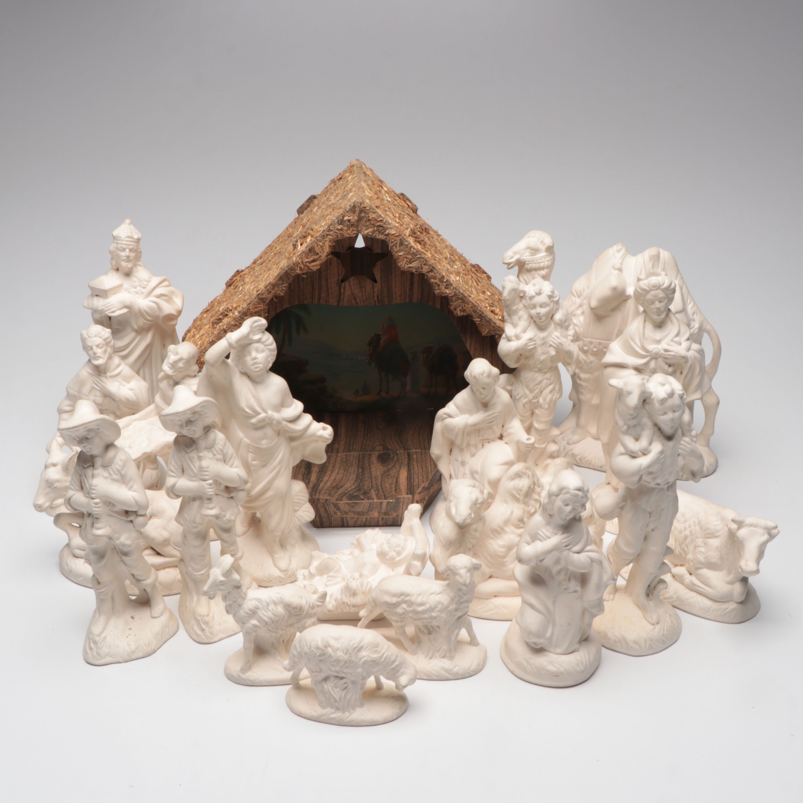 Atlantic Mold Bisque Nativity Figures with Lighted Crèche, Mid to Late 20th C.