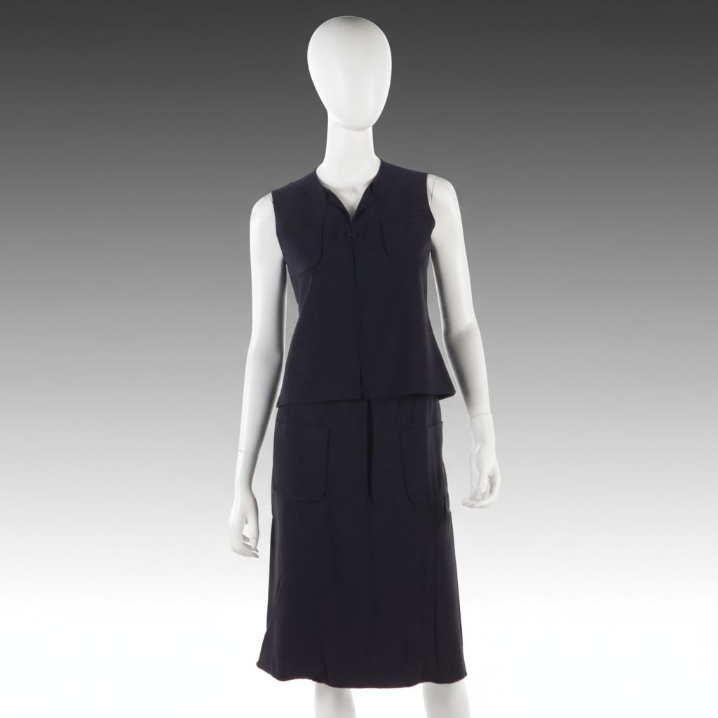 Valentino Couture Navy Blue Silk Blend Sleeveless Vest and Pencil Skirt Set