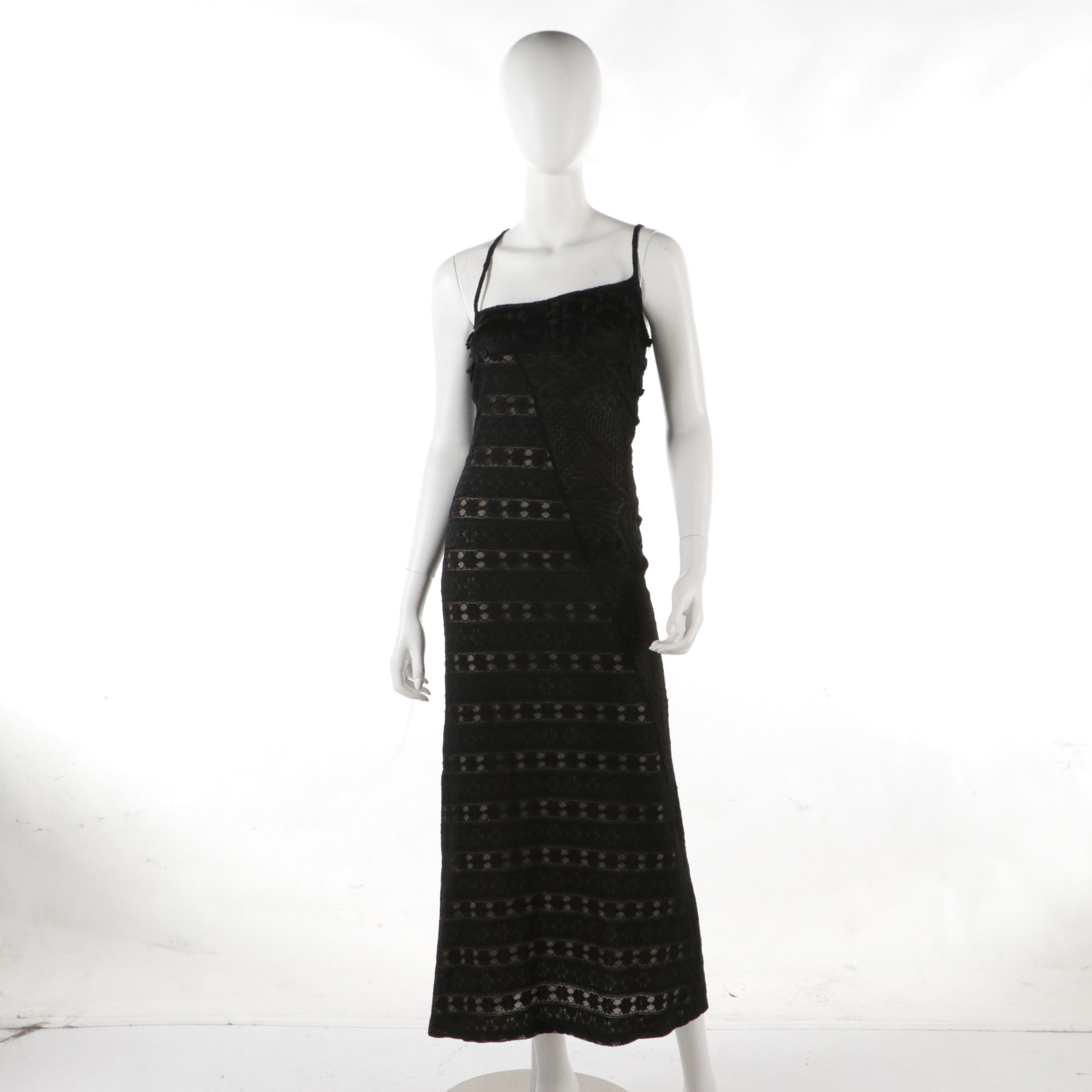Bazar de Christian Lacroix Black Lace & Floral Appliqué Sleeveless Evening Dress