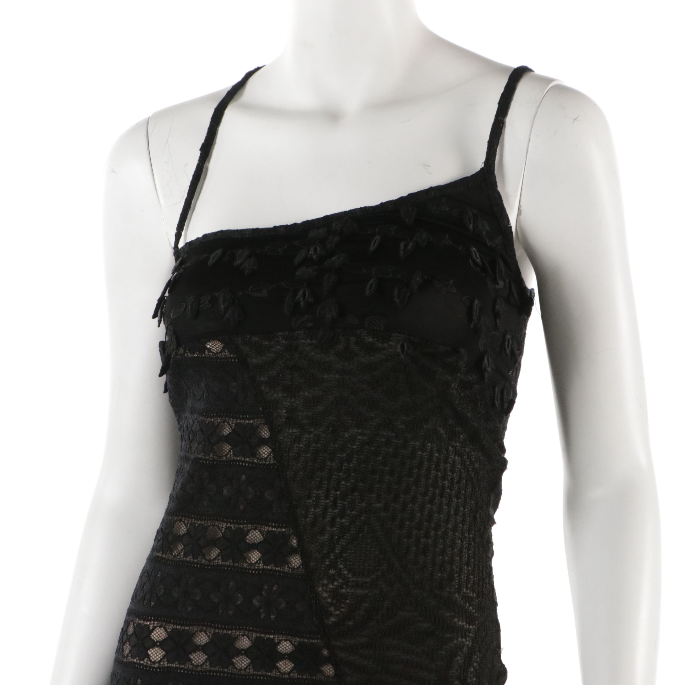 Bazar de Christian Lacroix Black Lace & Floral Appliqué Sleeveless Evening Dress