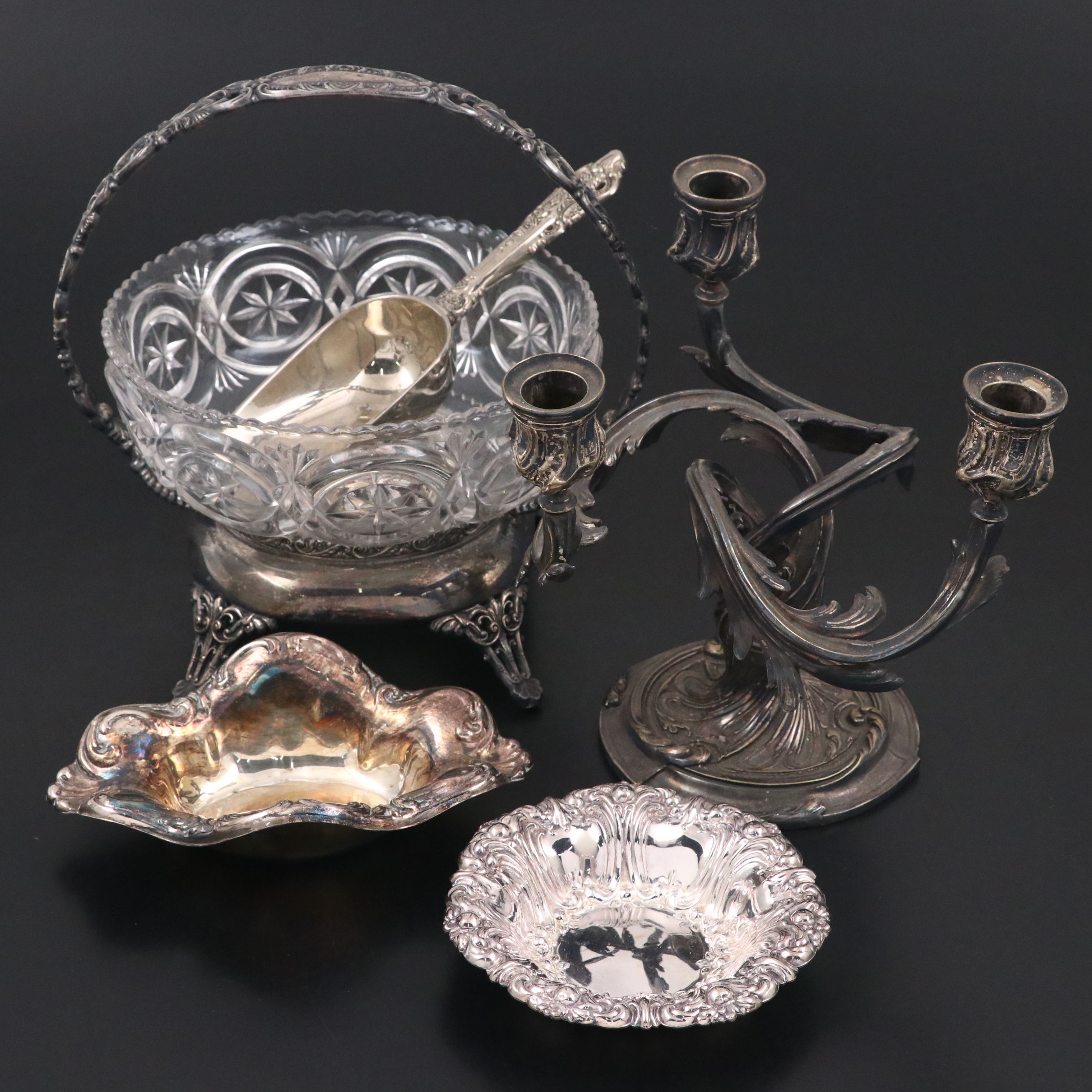 Webster Centerpiece Basket with Gorham and Other Silver Plate Tableware