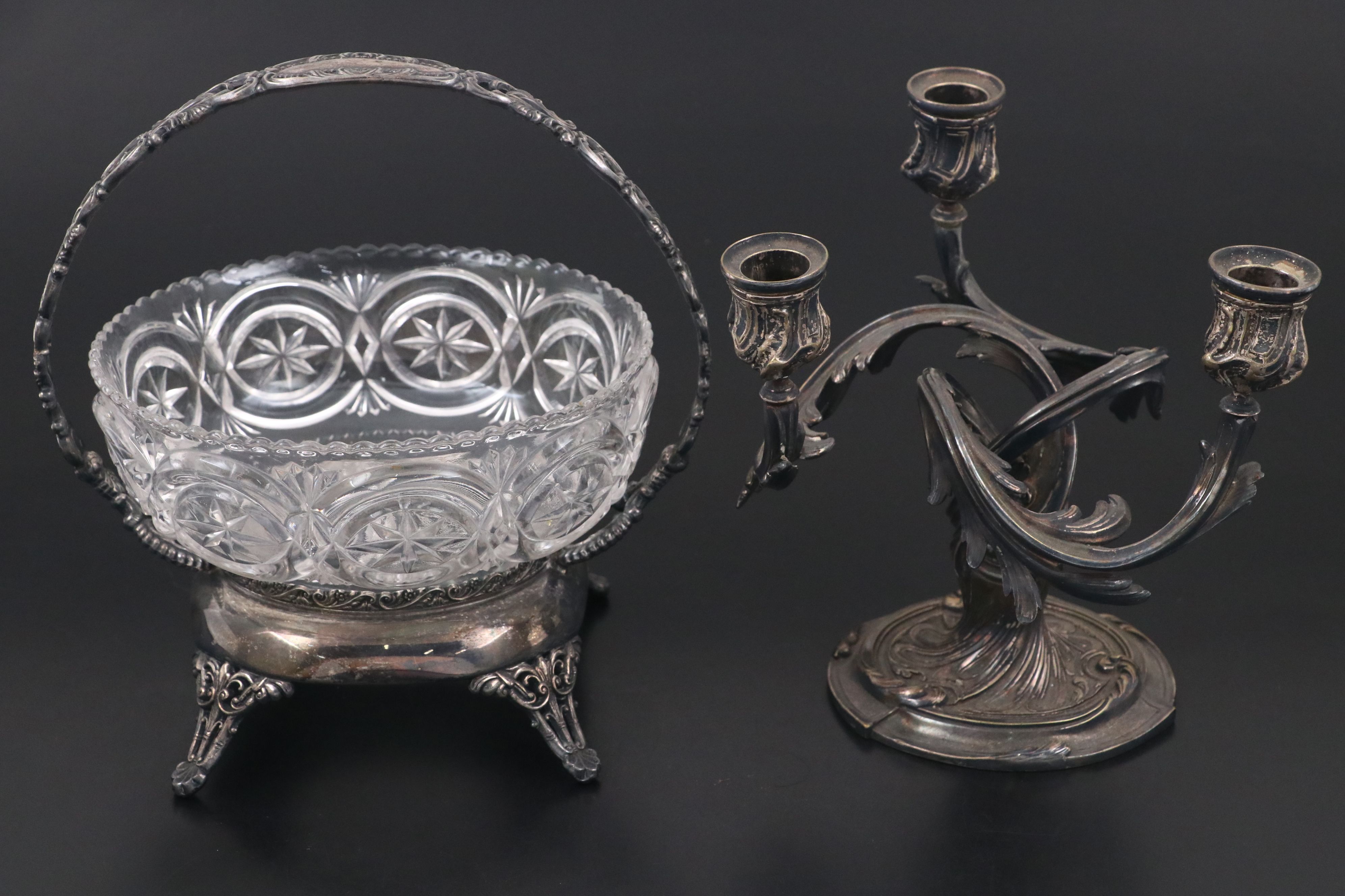 Webster Centerpiece Basket with Gorham and Other Silver Plate Tableware