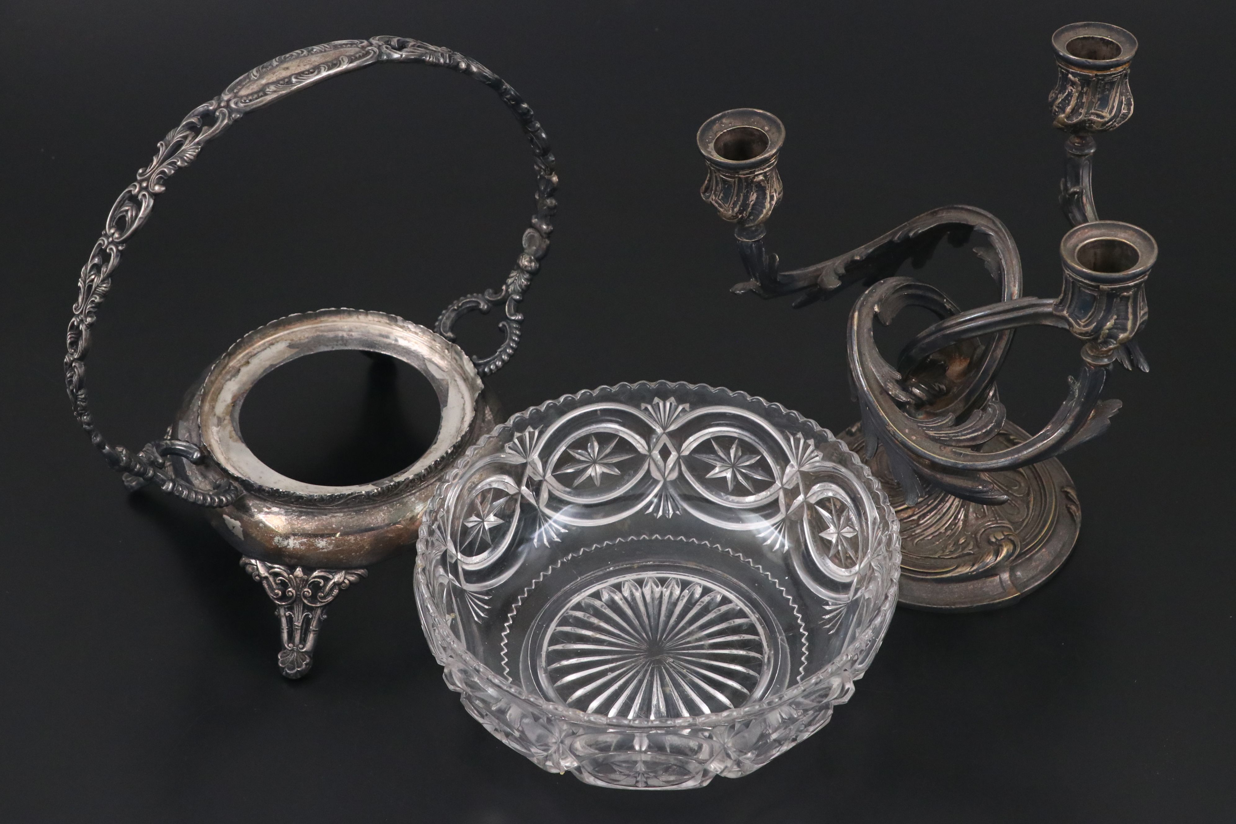 Webster Centerpiece Basket with Gorham and Other Silver Plate Tableware