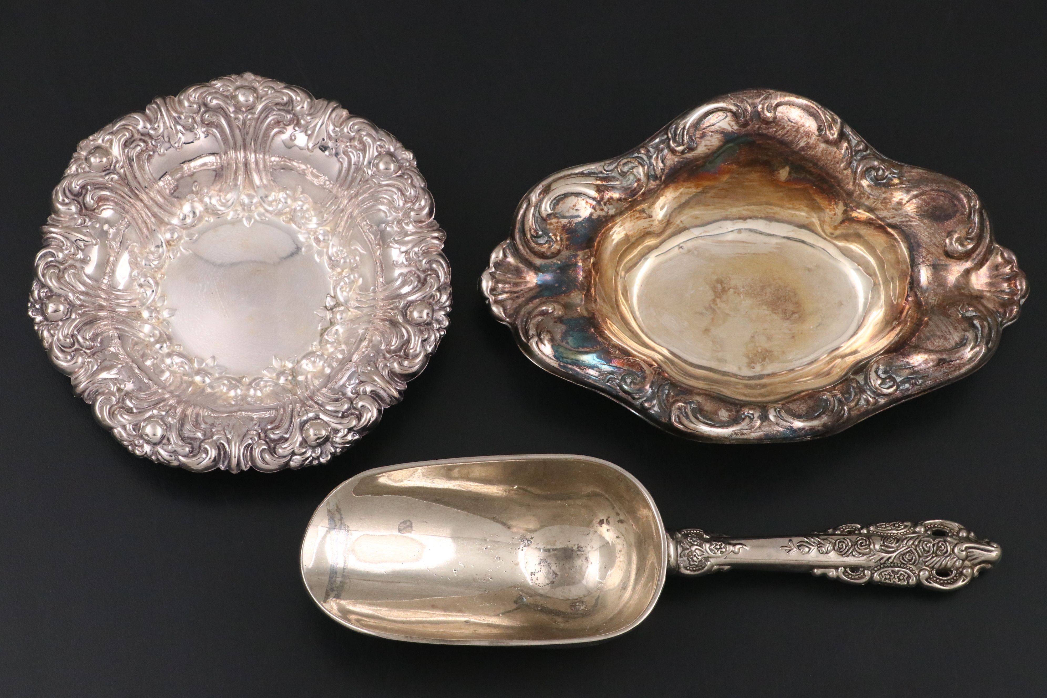 Webster Centerpiece Basket with Gorham and Other Silver Plate Tableware