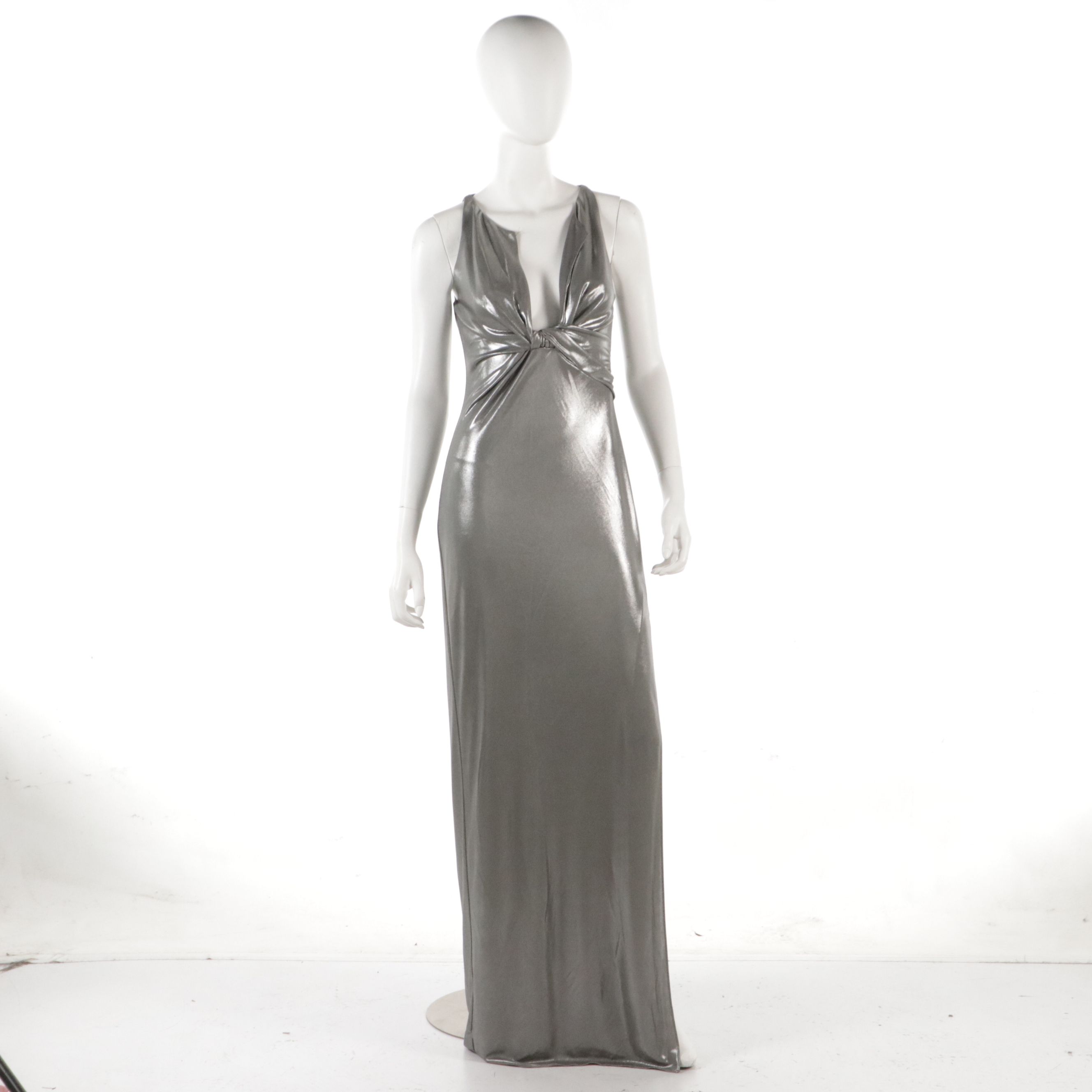 Halston Heritage Silver Metallic Jersey Cutout Evening Dress