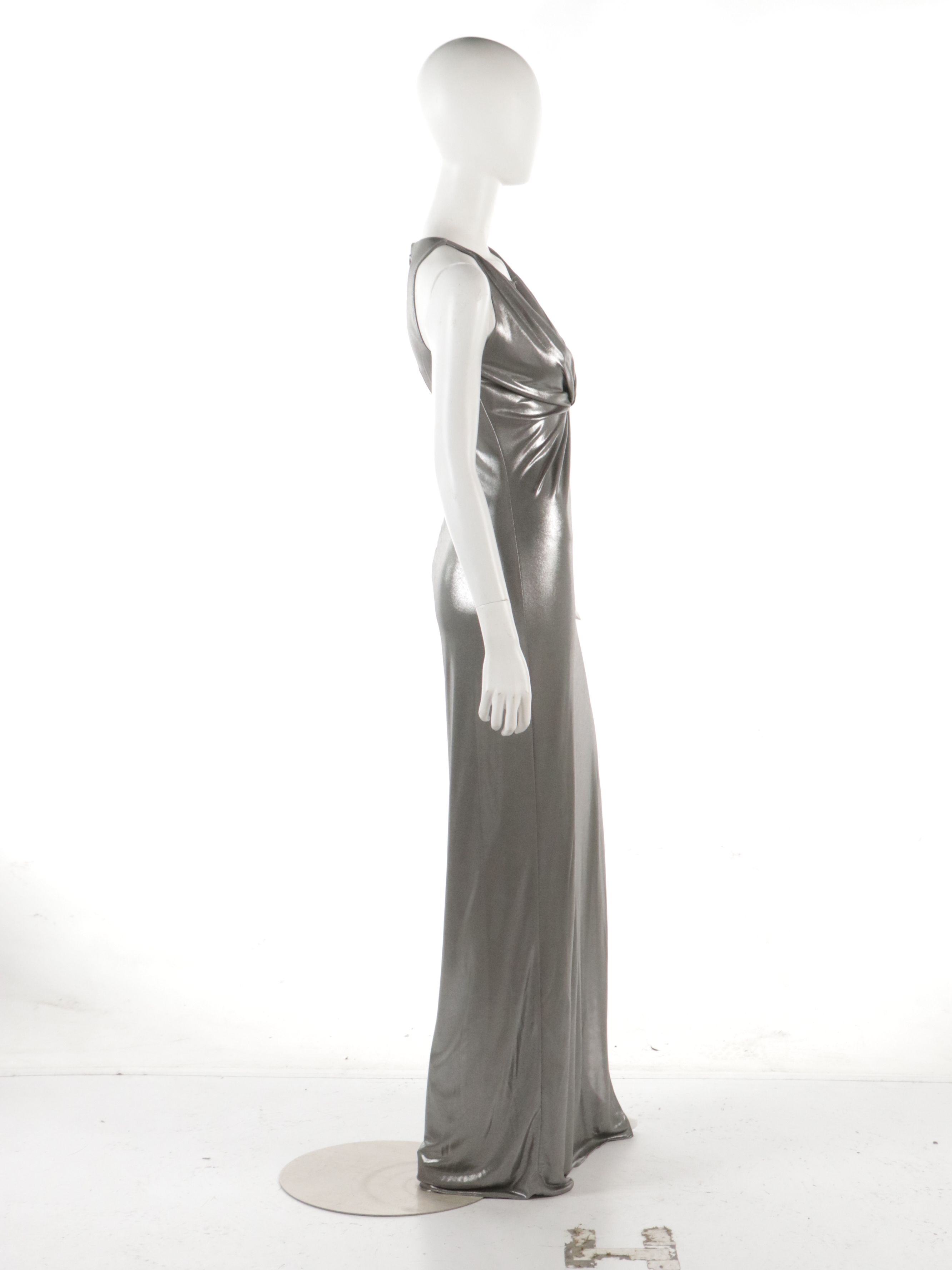 Halston Heritage Silver Metallic Jersey Cutout Evening Dress