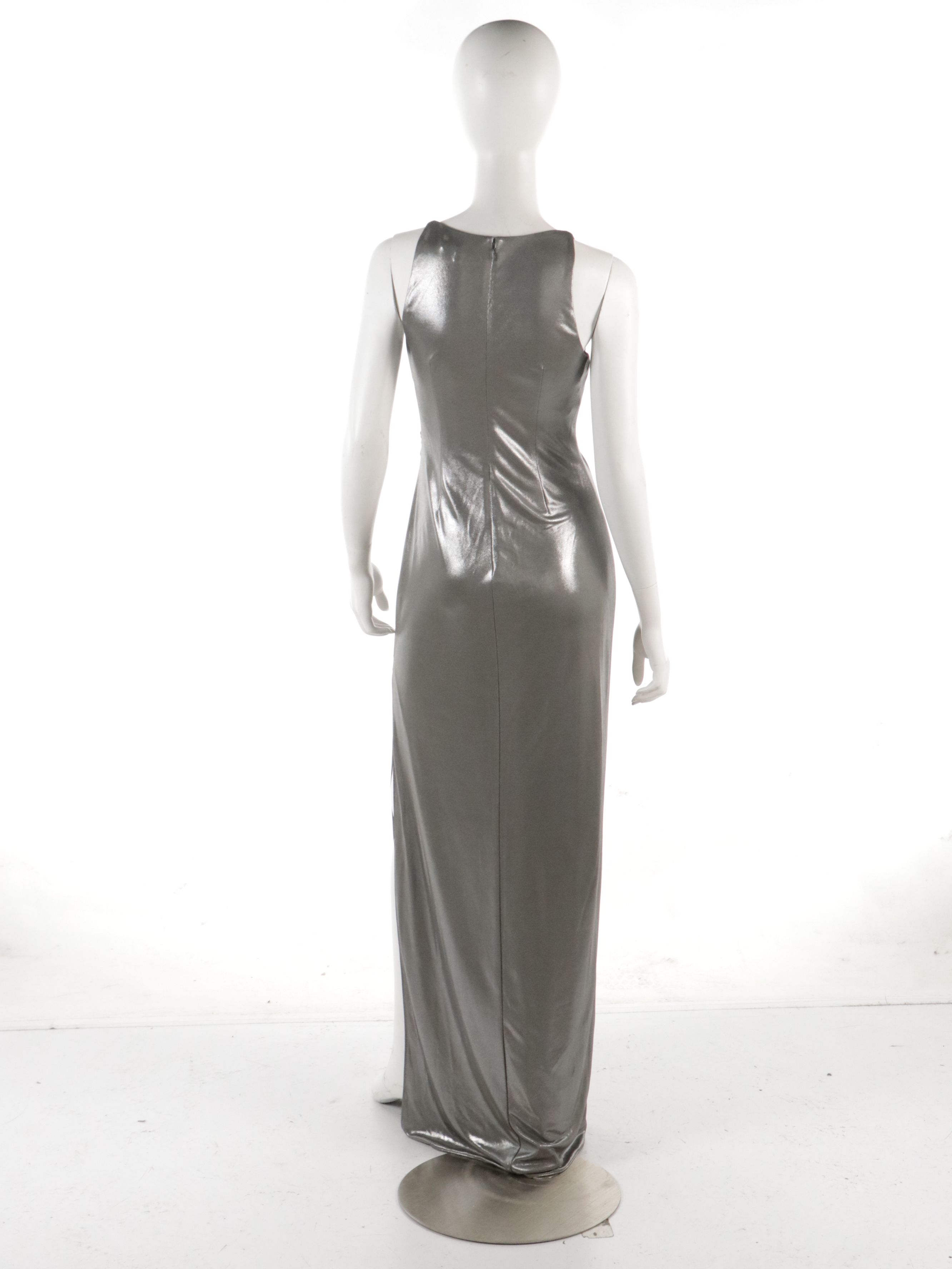 Halston Heritage Silver Metallic Jersey Cutout Evening Dress
