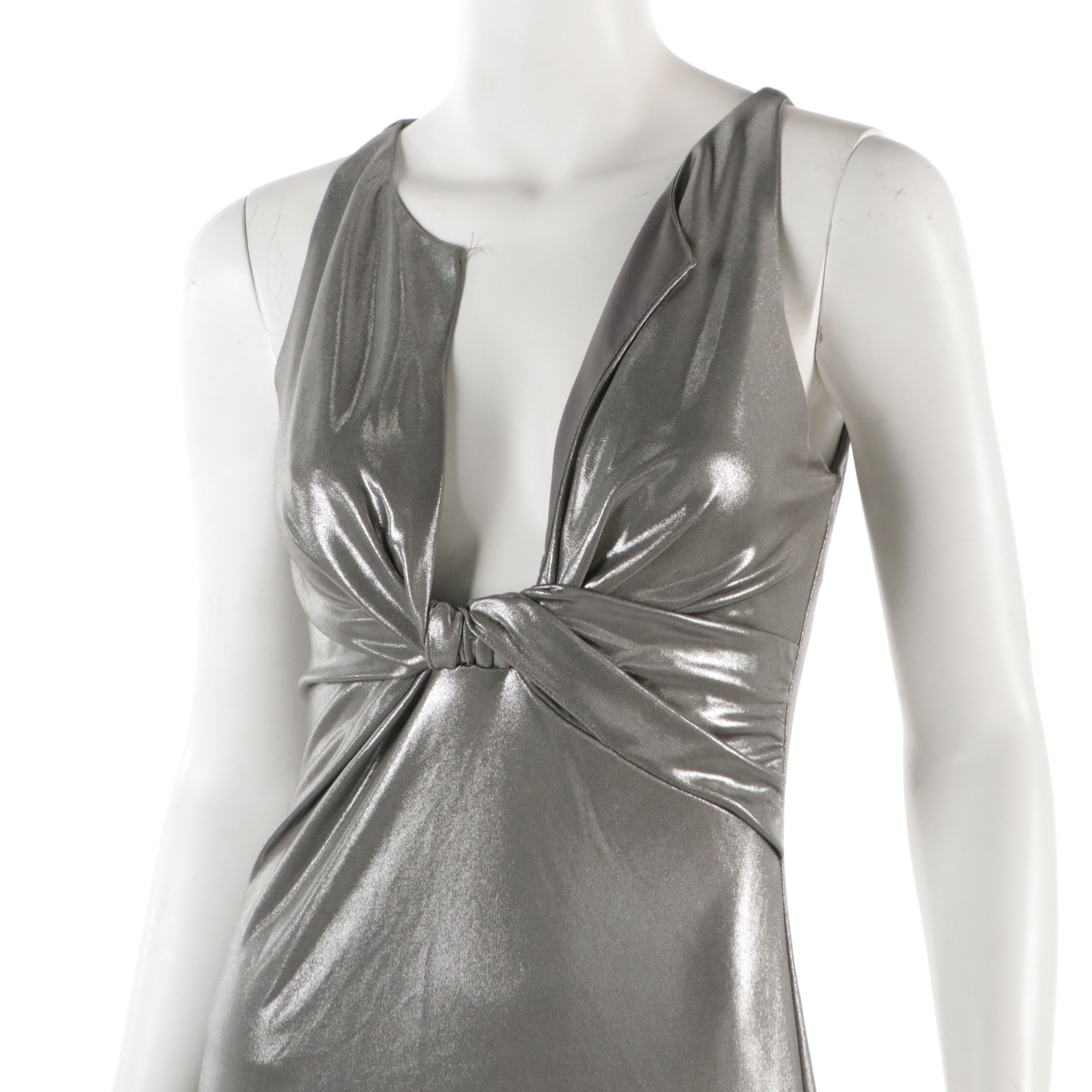Halston Heritage Silver Metallic Jersey Cutout Evening Dress