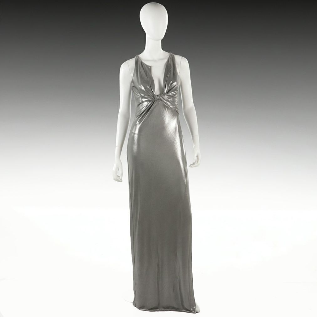 Halston Heritage Silver Metallic Jersey Cutout Evening Dress