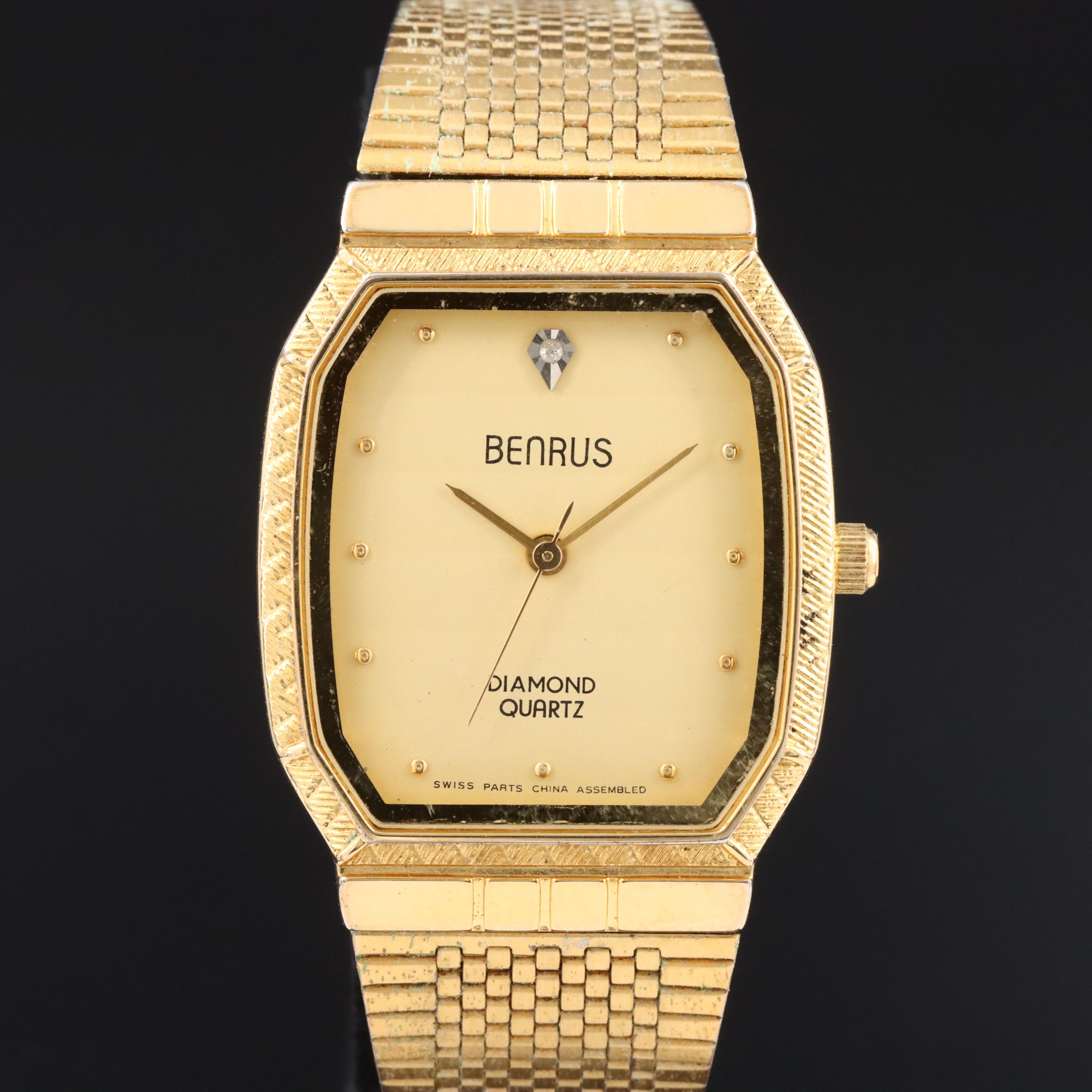Benrus Diamond Accented Dial Gold Tone Quartz Dress Watch