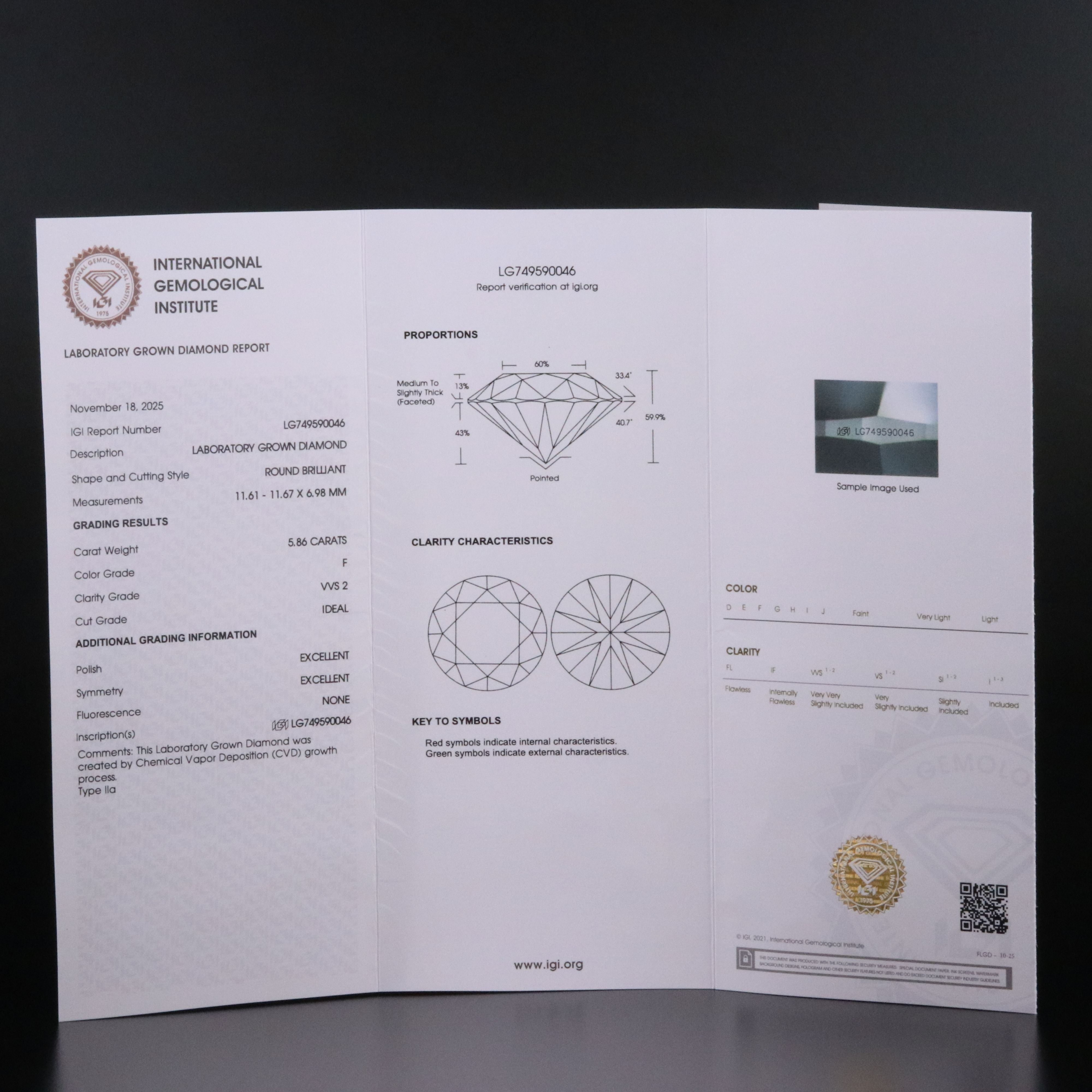 18K 5.86 CT Lab Grown Diamond Solitaire Ring with IGI Report