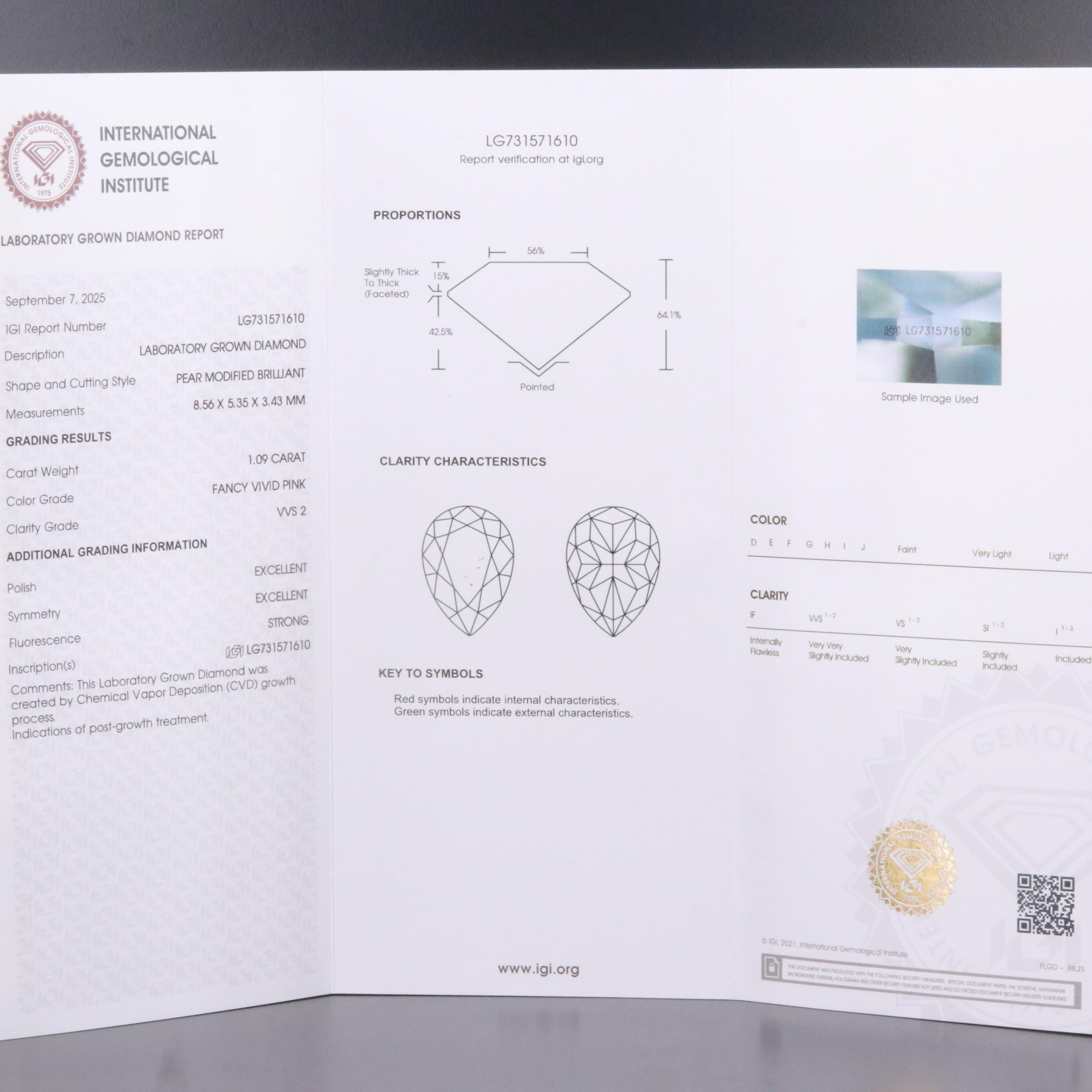 Loose 1.09 CT Lab Grown Fancy Vivid Pink Diamond with IGI Report