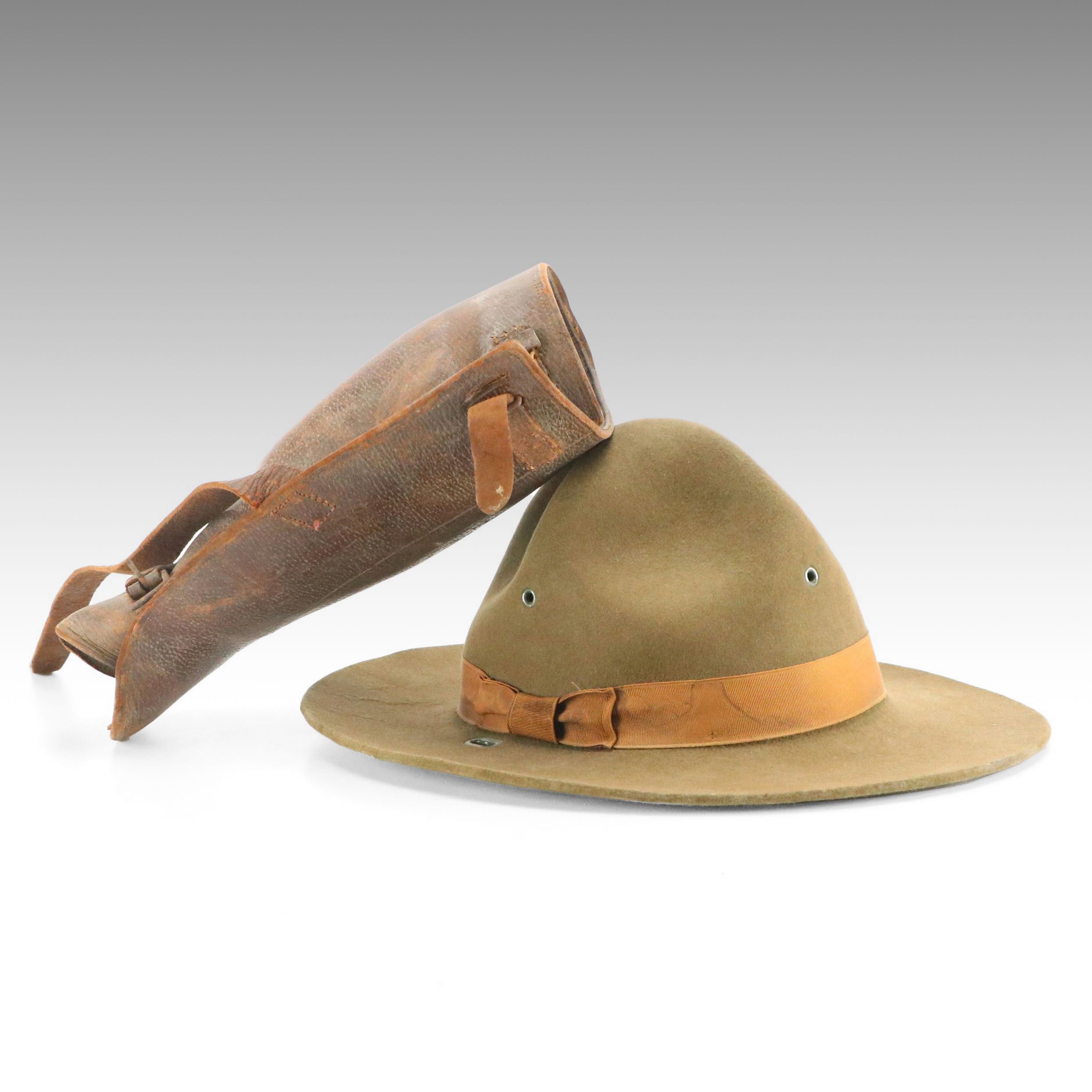 Wool Felt Campaign Hat and WWI Equestrian Leather Leg Gaiter