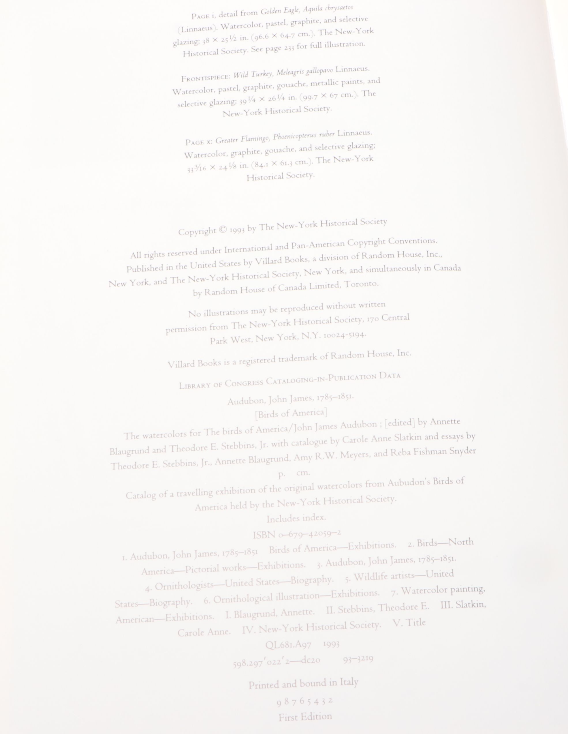 First Printing "John James Audubon: Watercolors for The Birds of America," 1993