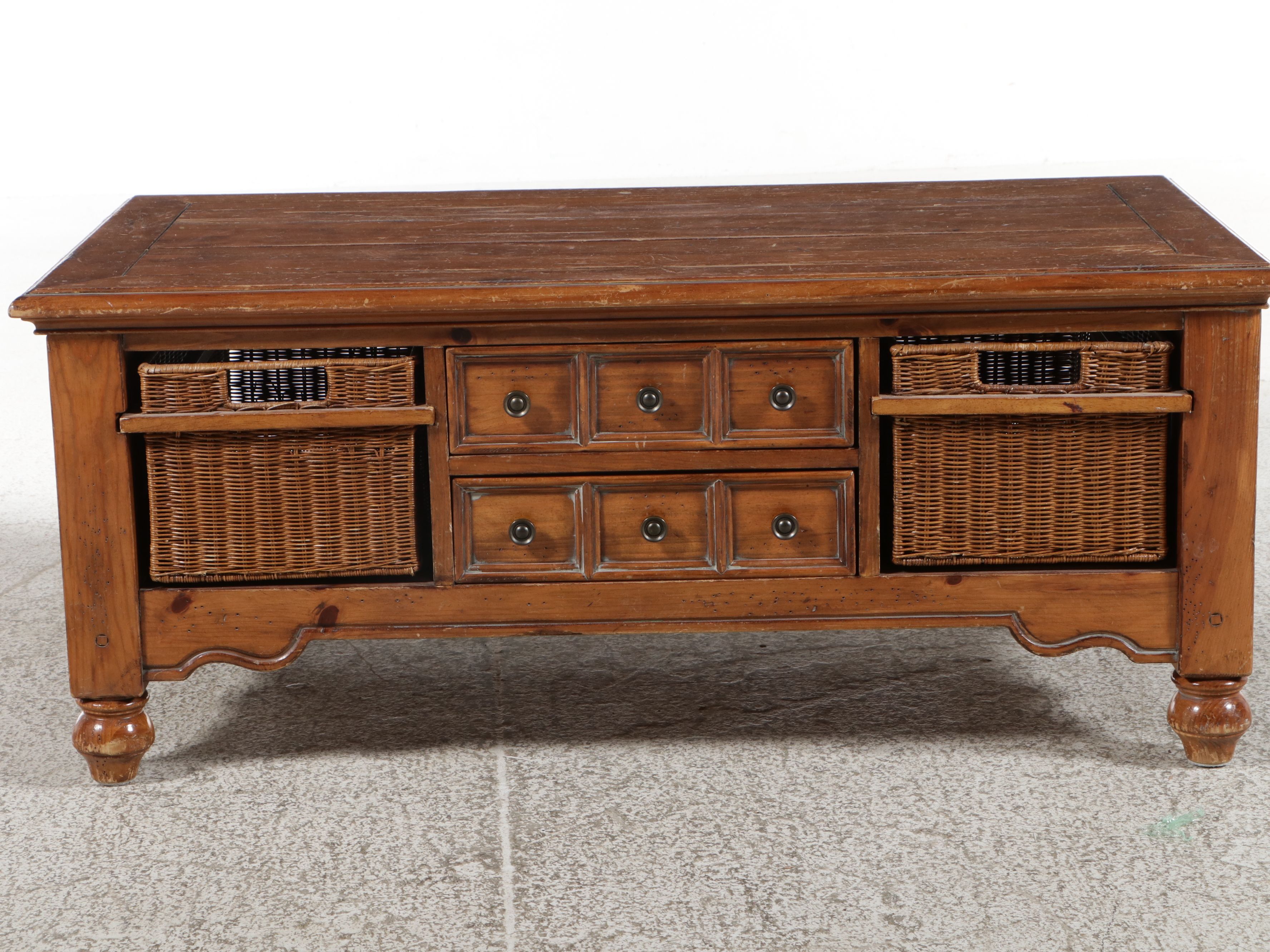Contemporary Pine Coffee Table with Wicker Inserts
