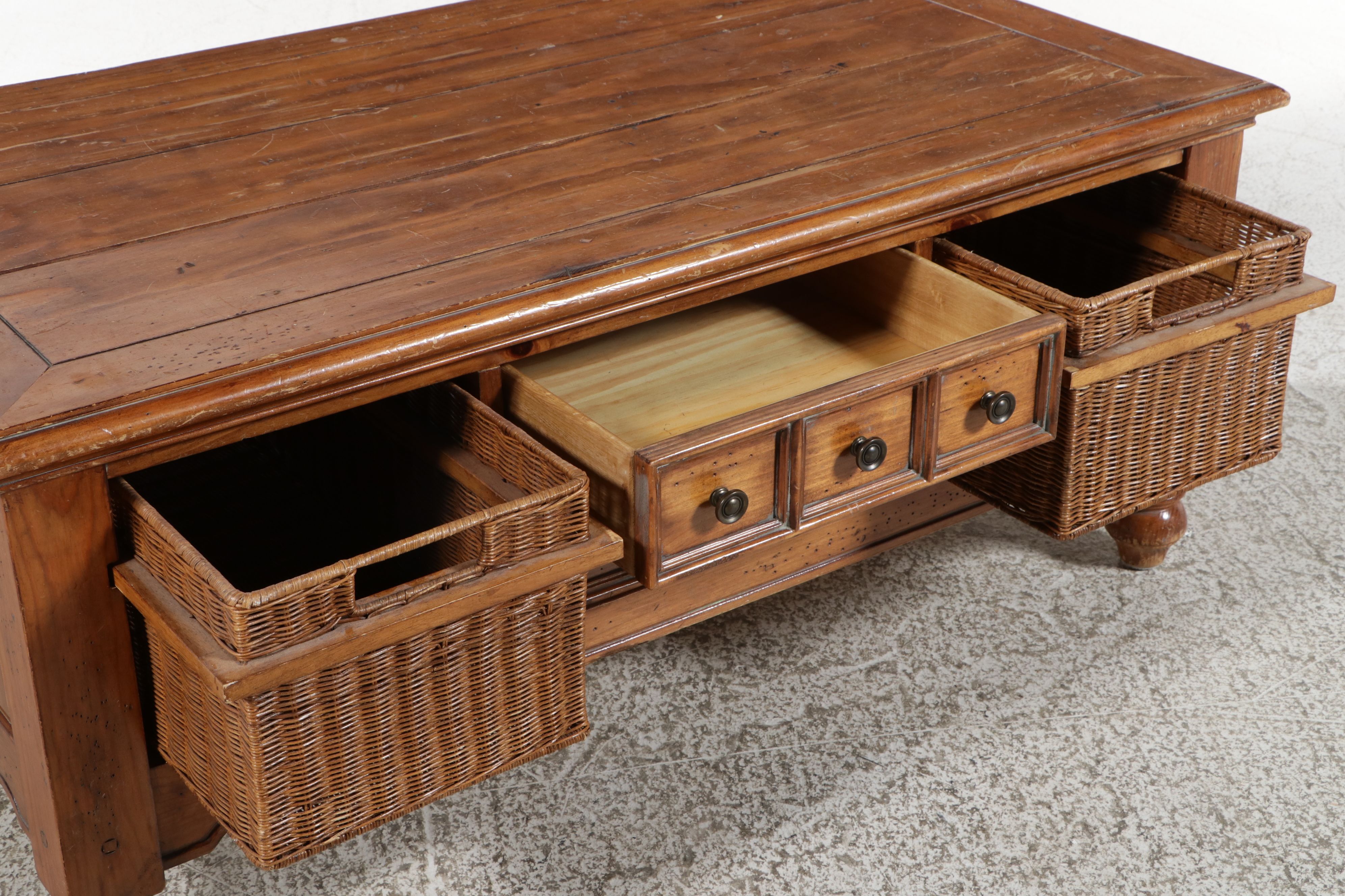 Contemporary Pine Coffee Table with Wicker Inserts