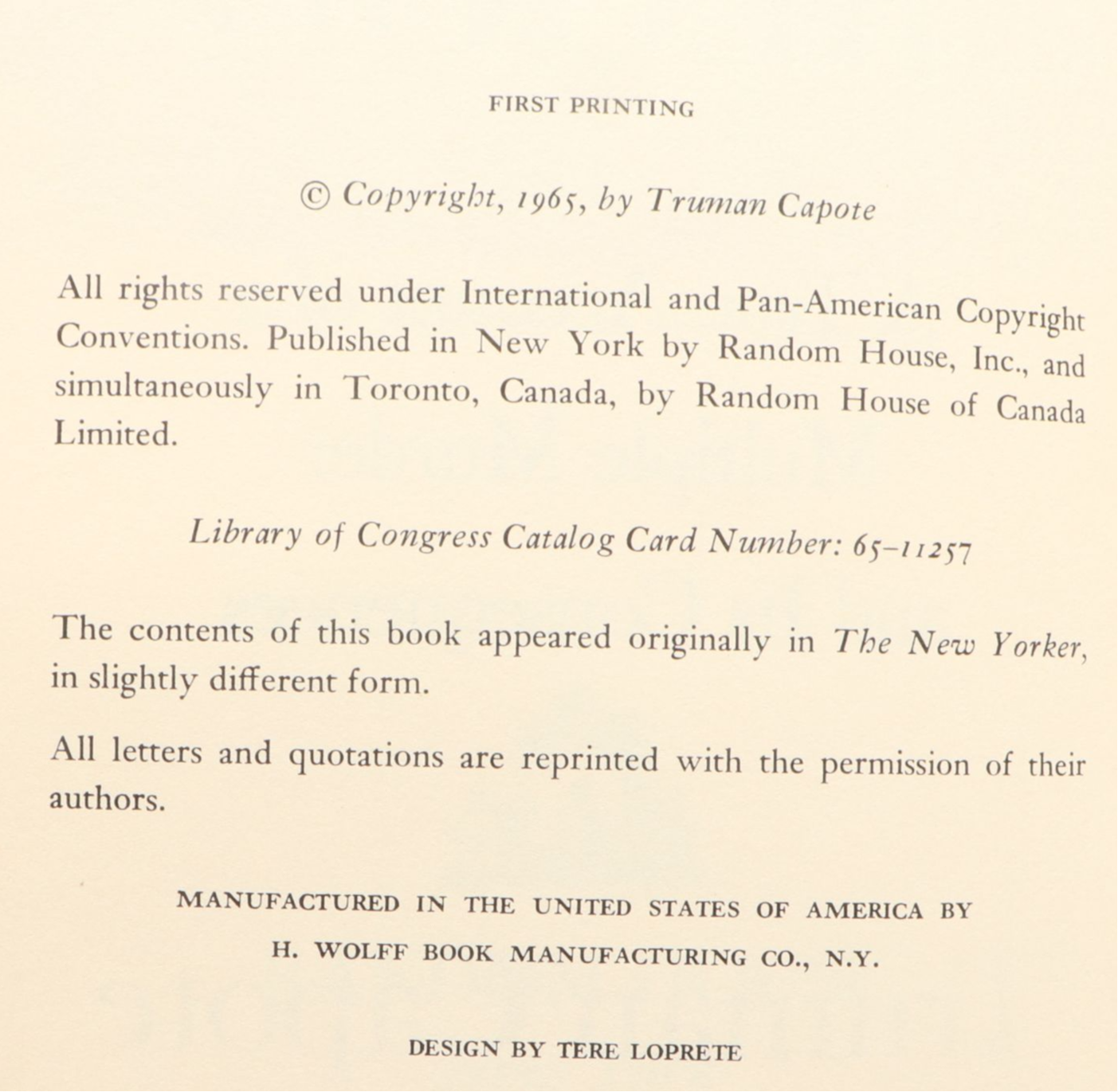 First Printing "In Cold Blood" by Truman Capote, 1966