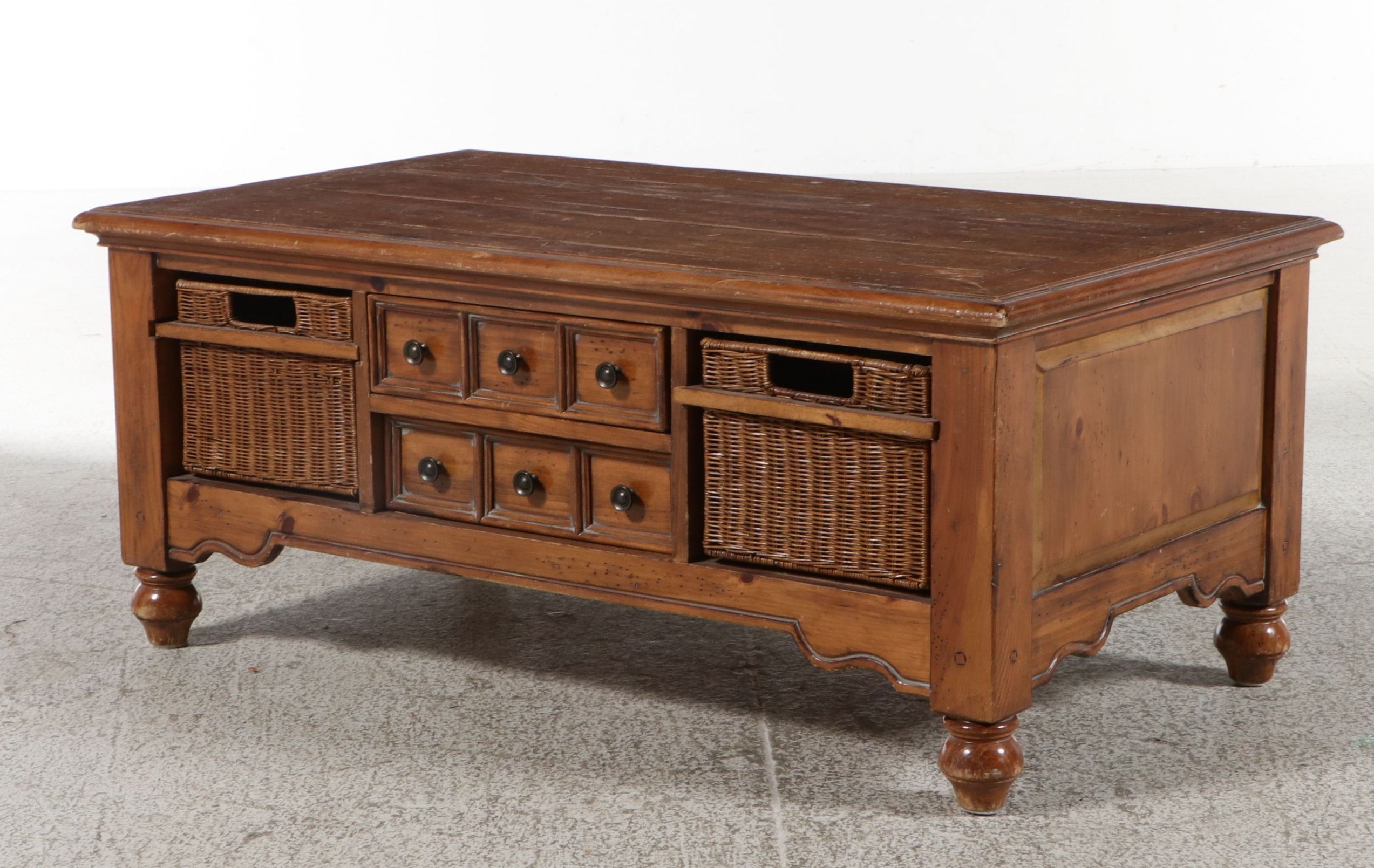 Contemporary Pine Coffee Table with Wicker Inserts