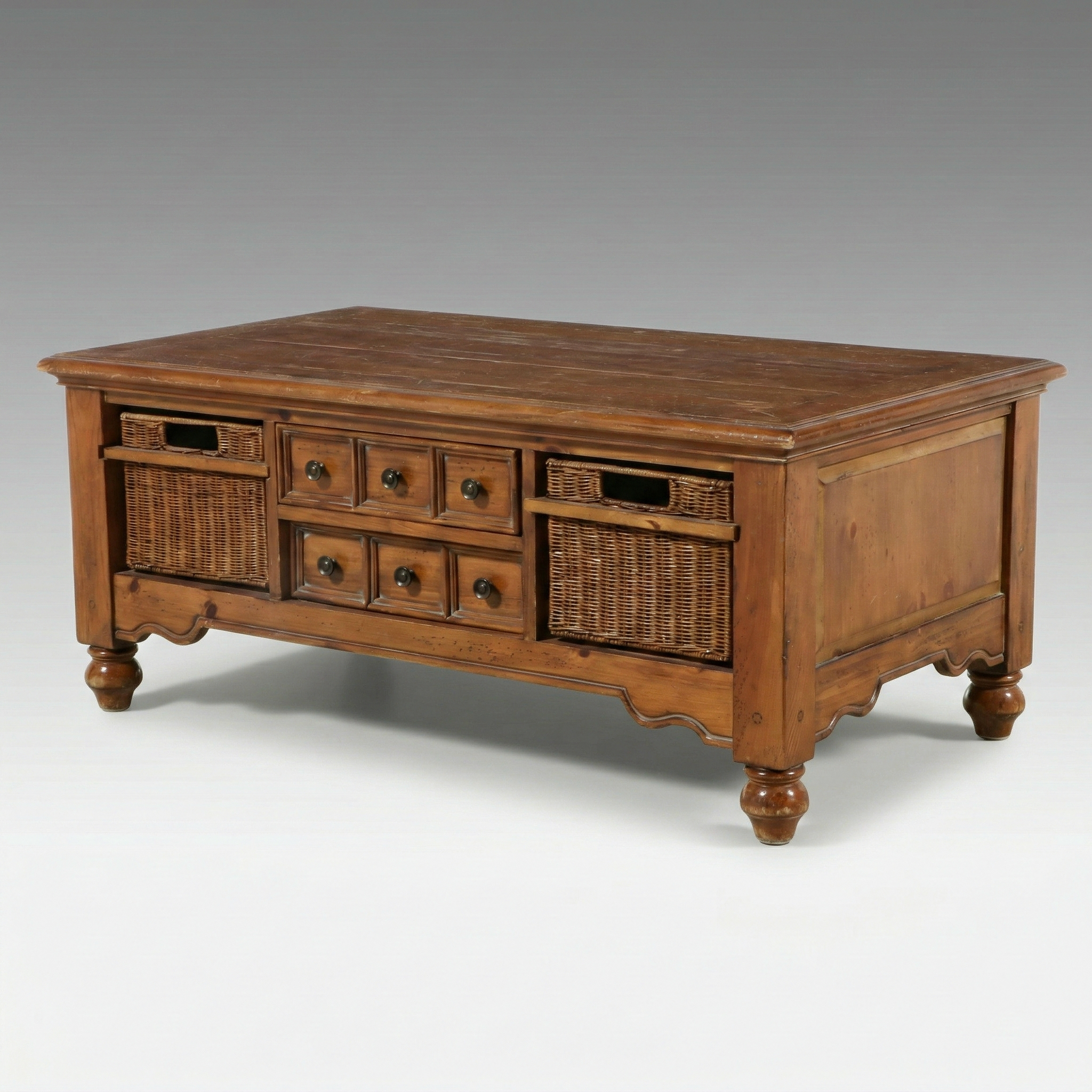 Contemporary Pine Coffee Table with Wicker Inserts