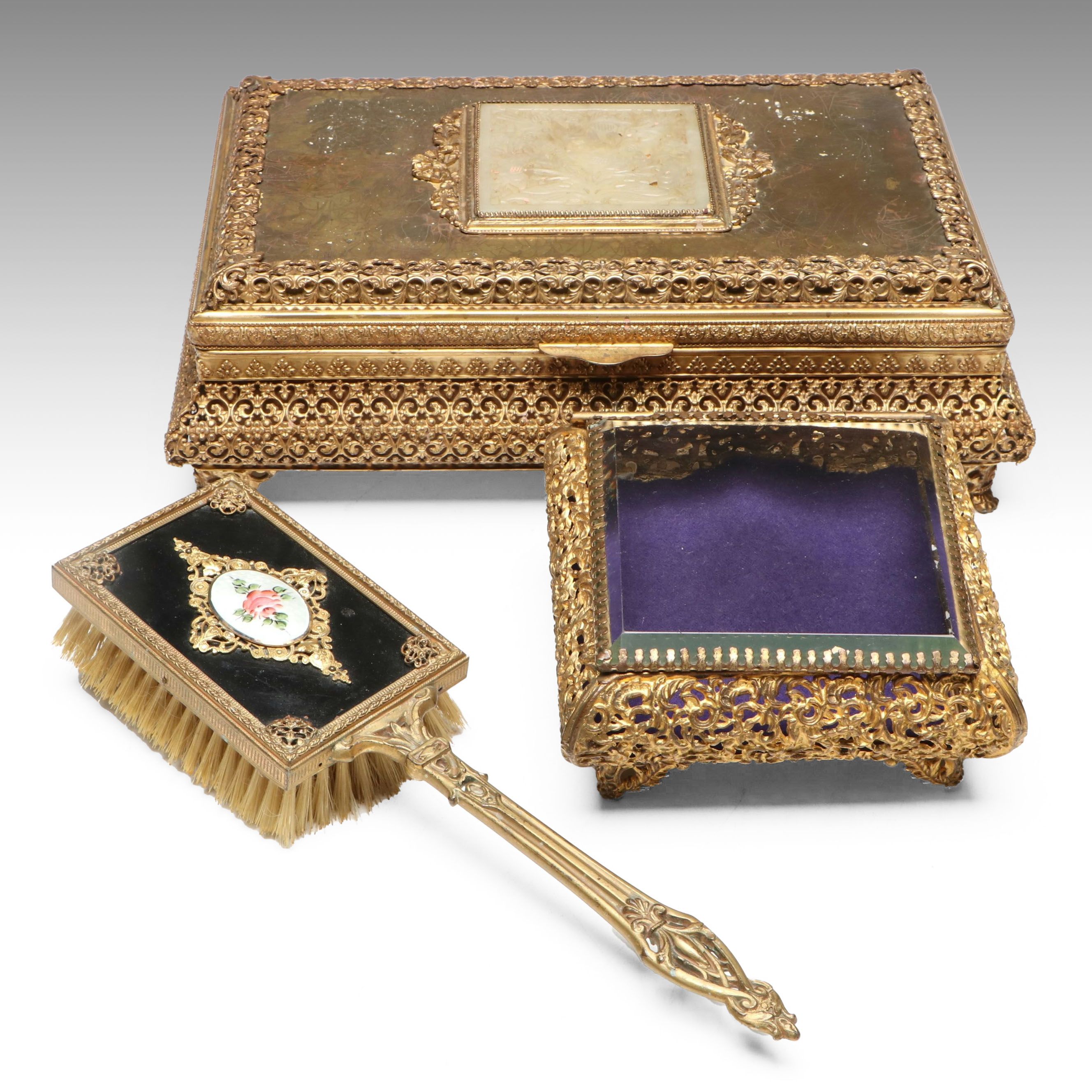 Apollo Floral Filigree Jewelry Box, and Ormolu Mount Glass Box