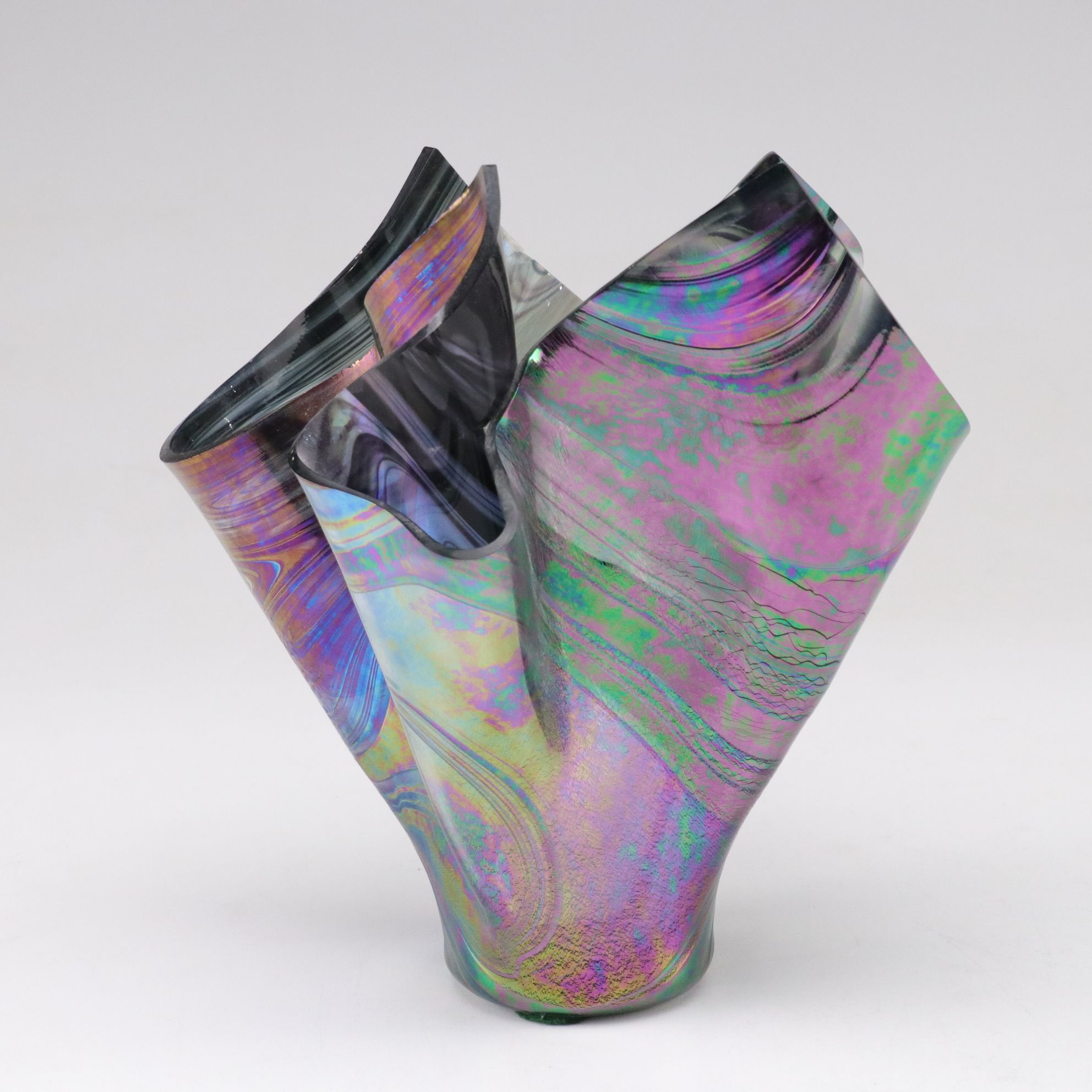 Iridescent Folded Handkerchief Vase with John Davis Raku Rattle and Decanter