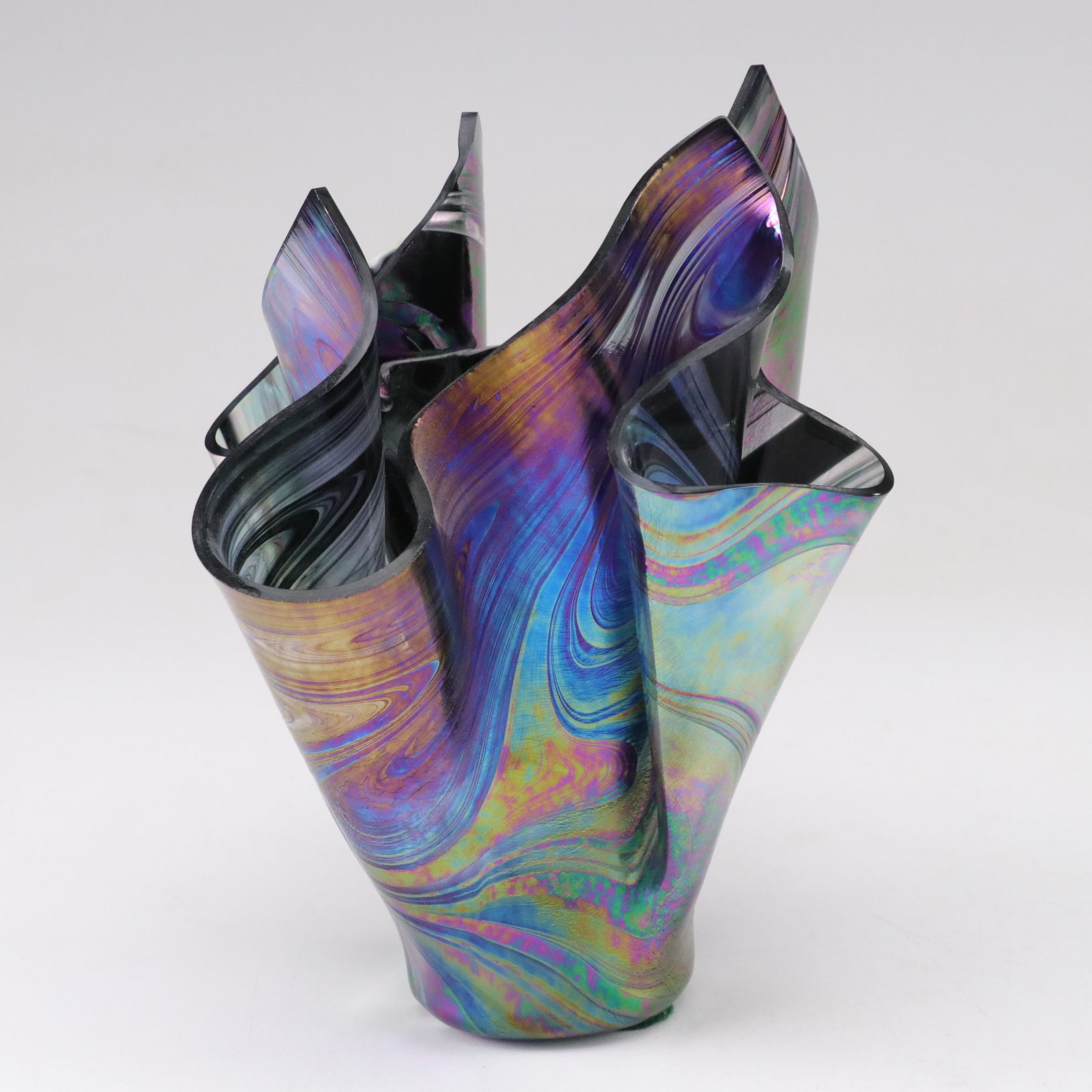 Iridescent Folded Handkerchief Vase with John Davis Raku Rattle and Decanter