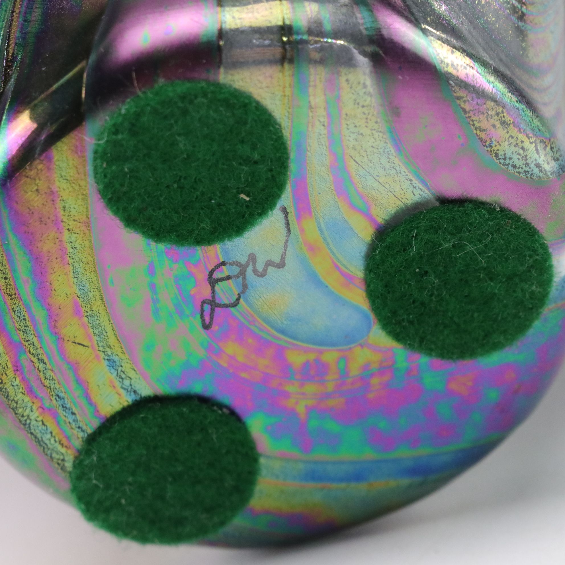 Iridescent Folded Handkerchief Vase with John Davis Raku Rattle and Decanter