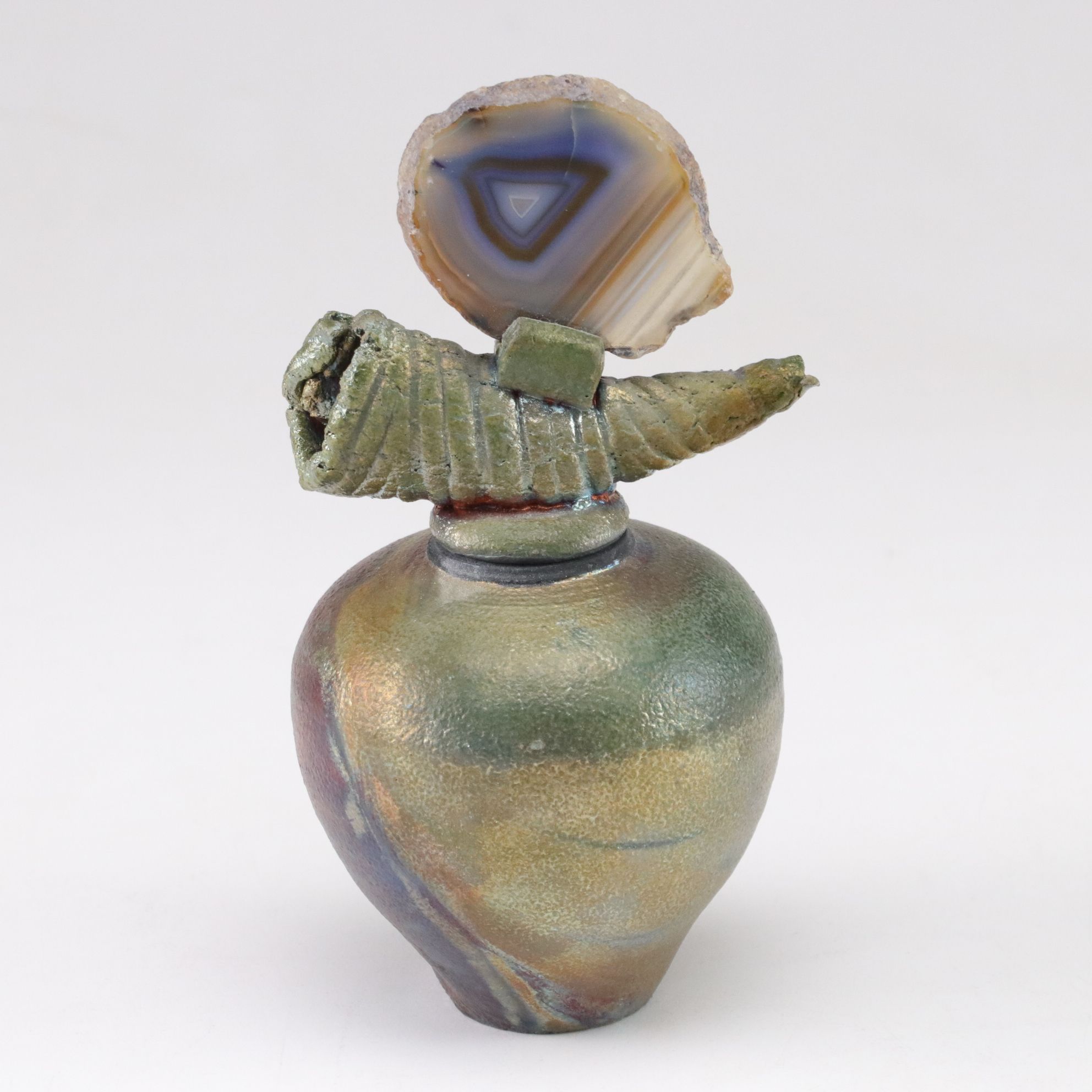 Iridescent Folded Handkerchief Vase with John Davis Raku Rattle and Decanter