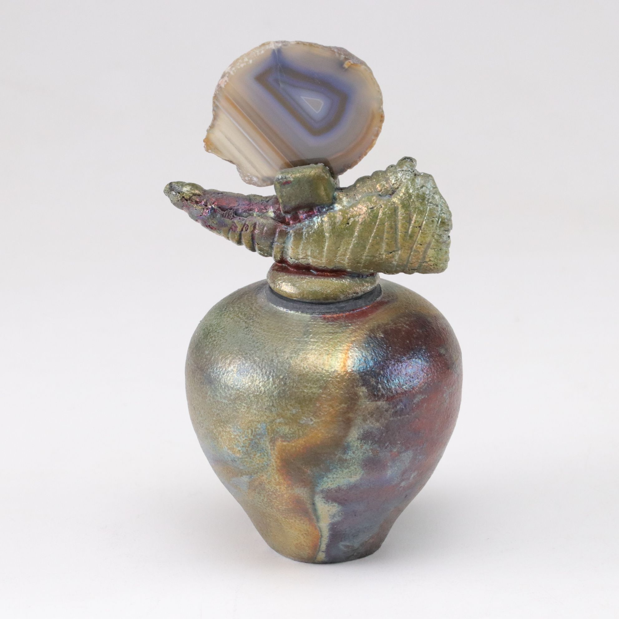 Iridescent Folded Handkerchief Vase with John Davis Raku Rattle and Decanter