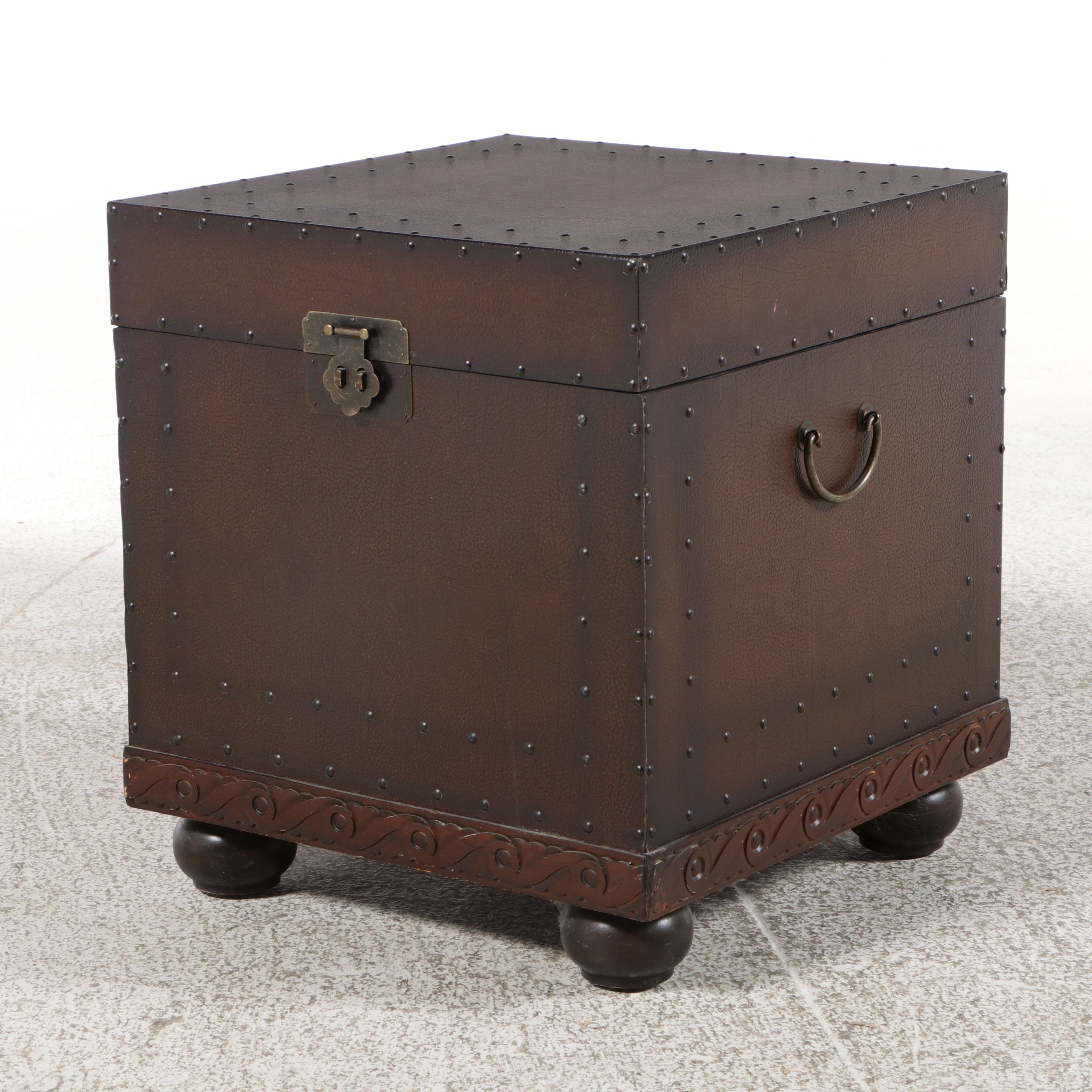 Campaign Style Faux-Leather Studded Cube Shaped Storage Trunk