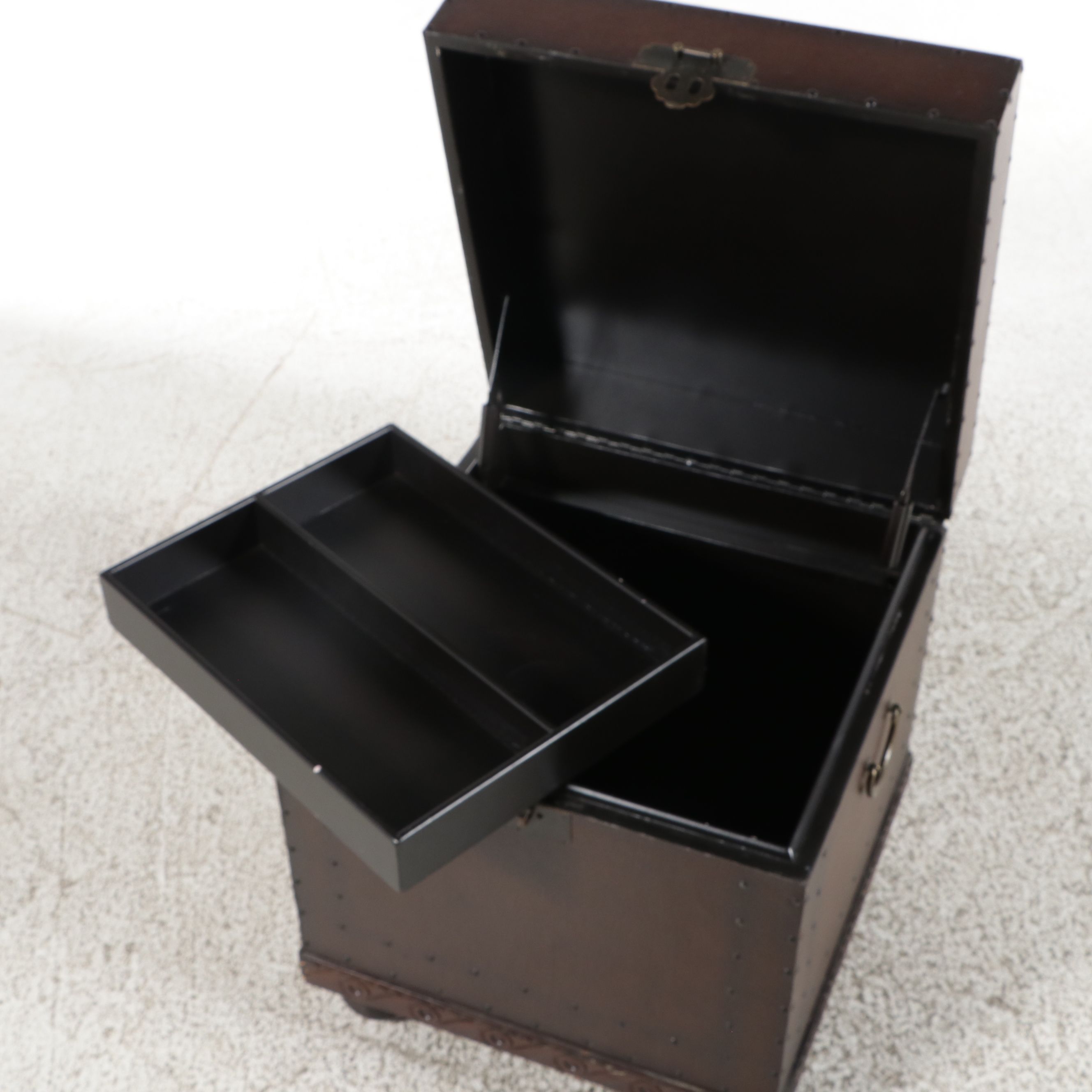 Campaign Style Faux-Leather Studded Cube Shaped Storage Trunk