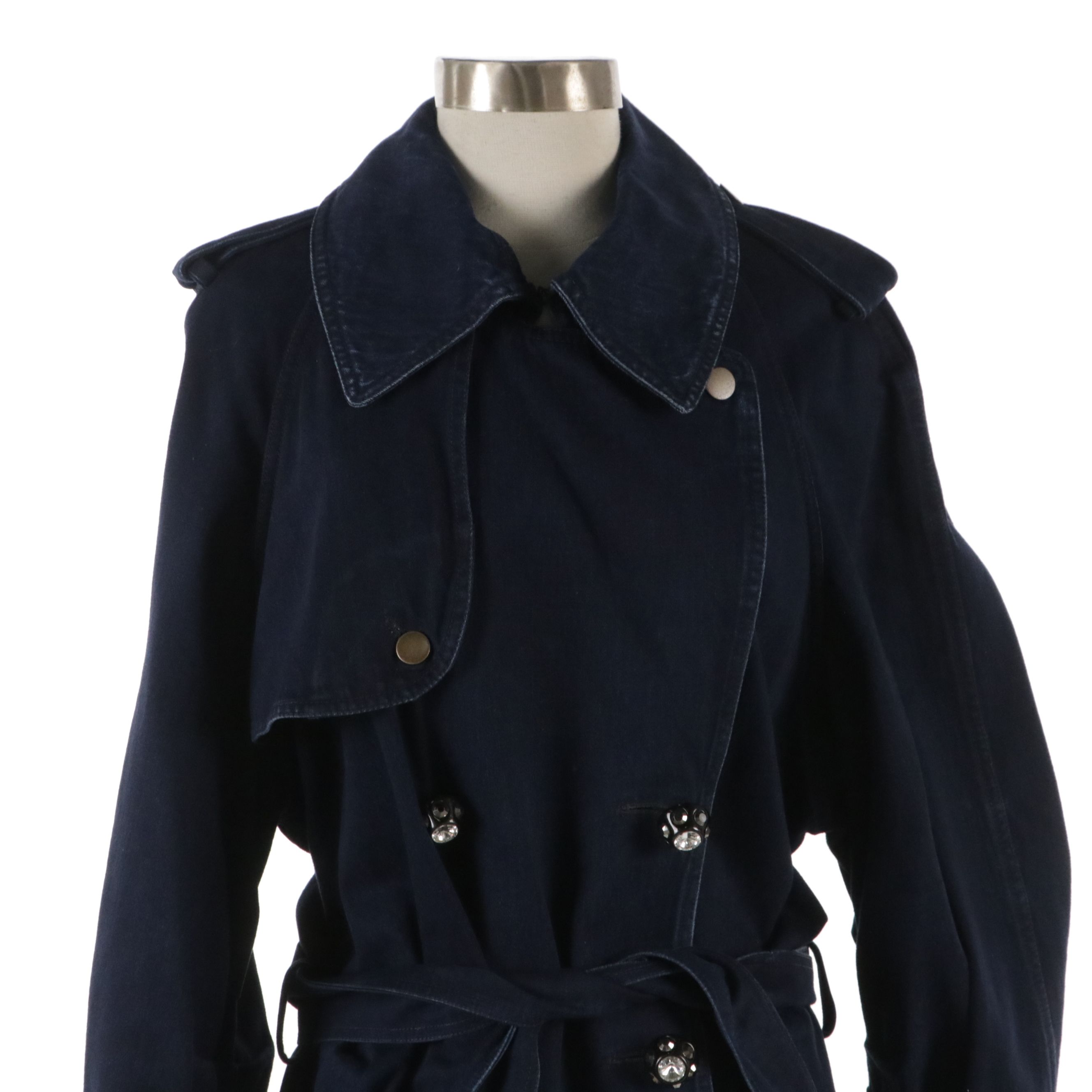 Lanvin Blue Denim Double-Breasted Jacket with Tie Belt and Embellished Buttons