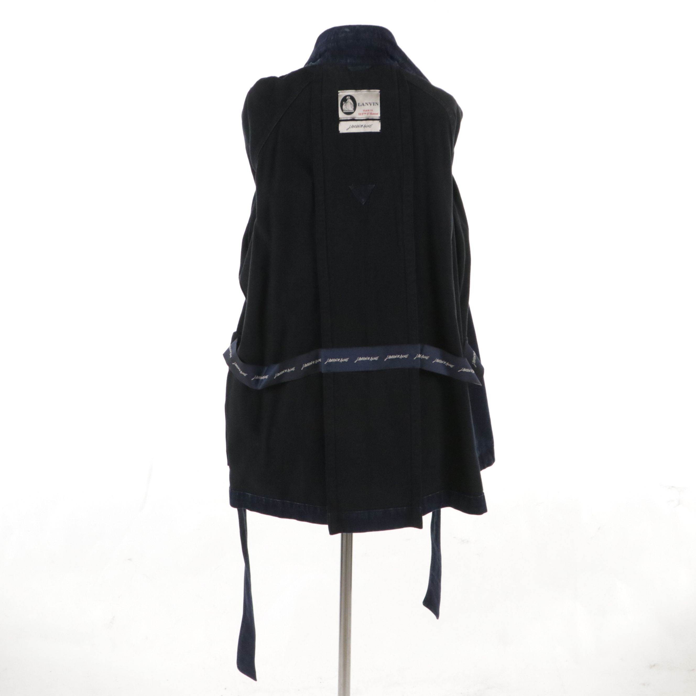 Lanvin Blue Denim Double-Breasted Jacket with Tie Belt and Embellished Buttons