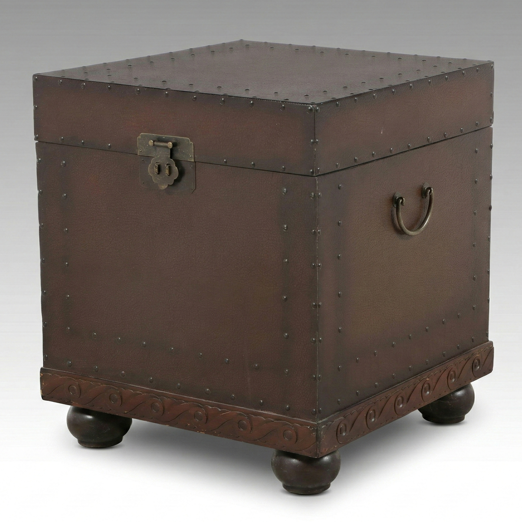 Campaign Style Faux-Leather Studded Cube Shaped Storage Trunk