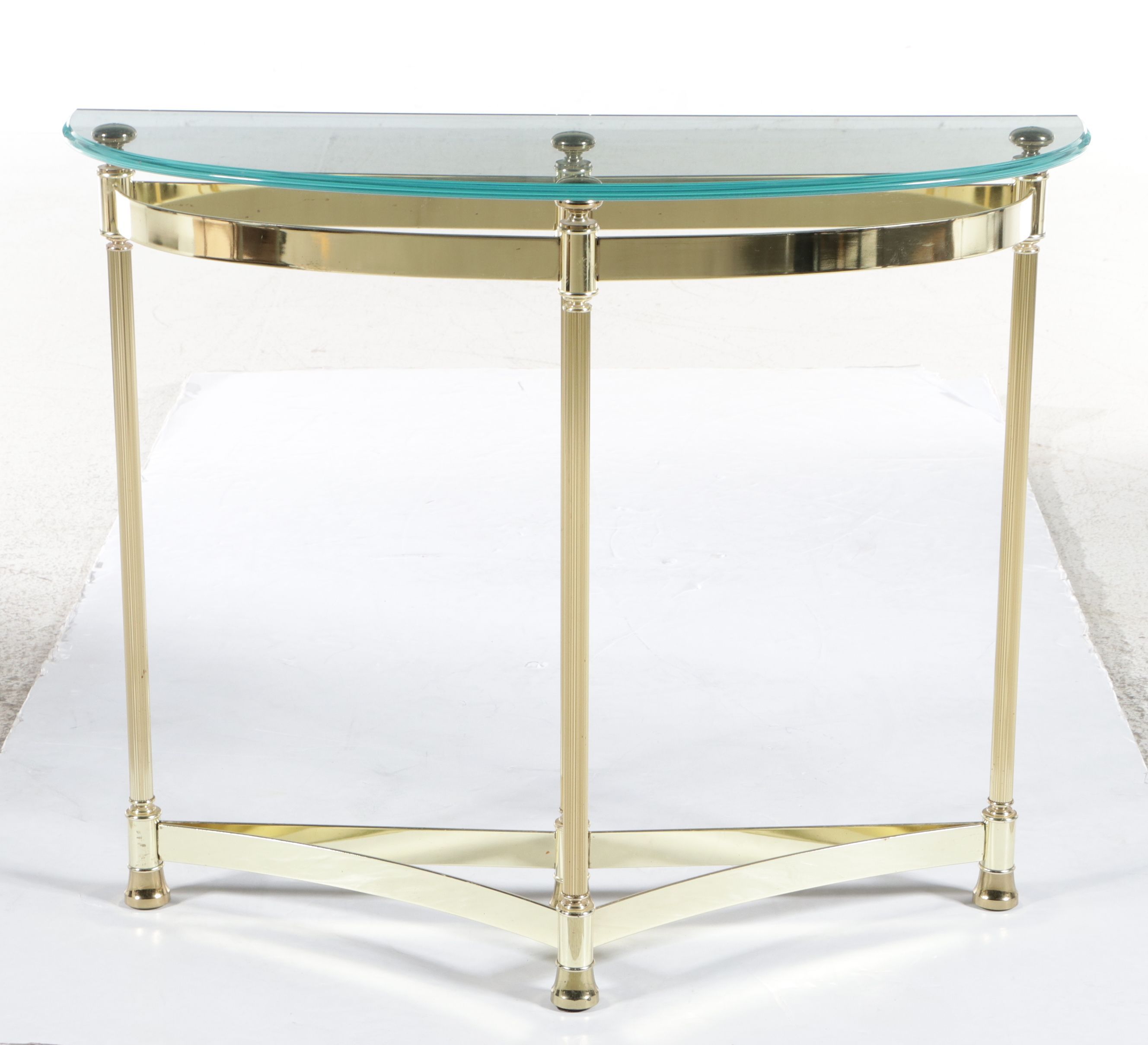 Vintage Brass Finish and Glass Demilune Console Table