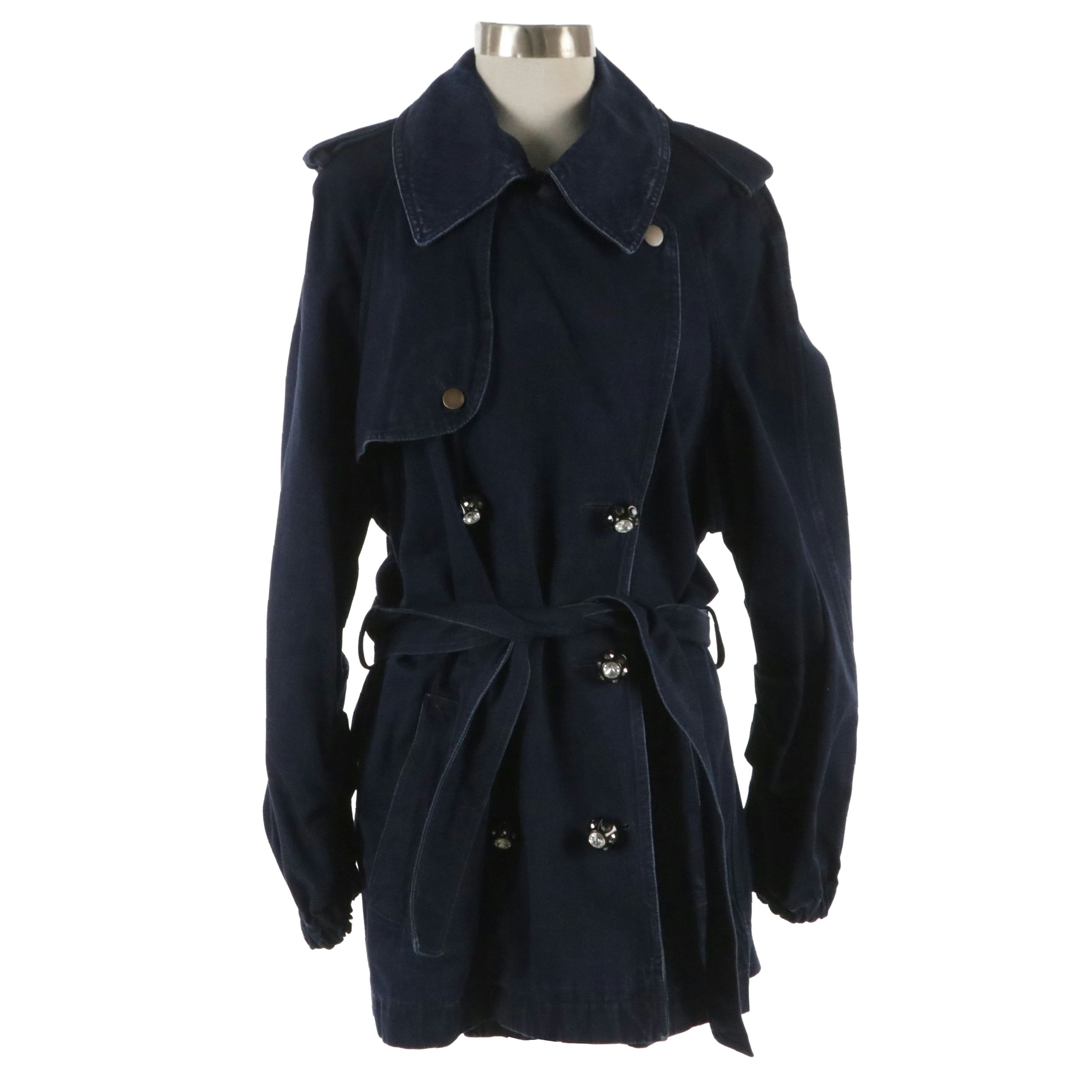 Lanvin Blue Denim Double-Breasted Jacket with Tie Belt and Embellished Buttons