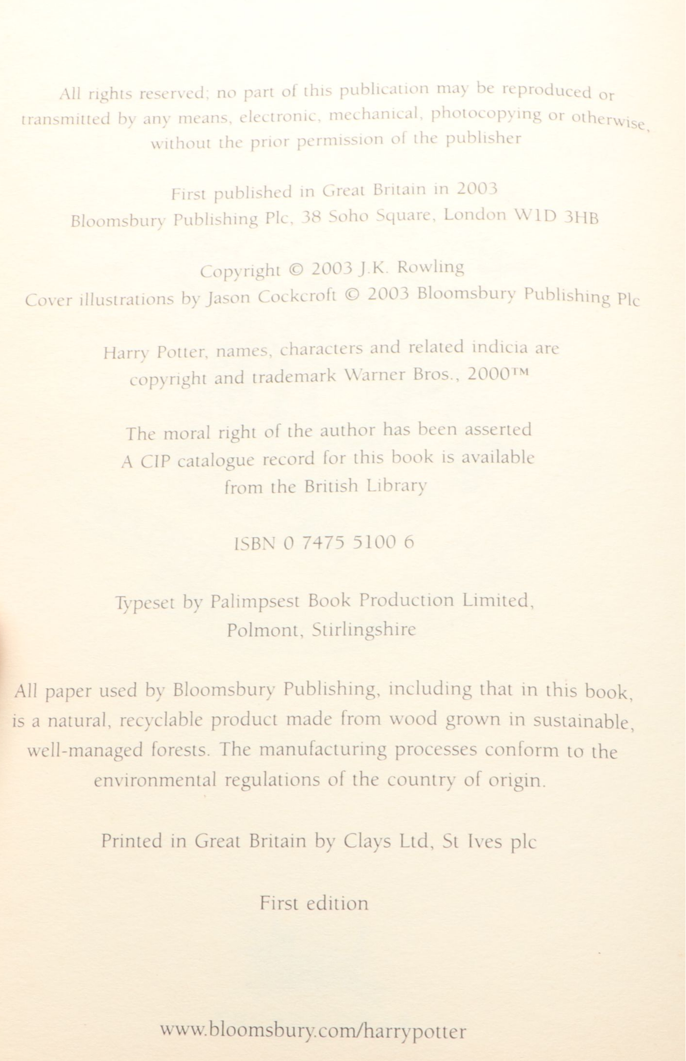 First UK Edition "Harry Potter and the Order of the Phoenix" by J. K. Rowling