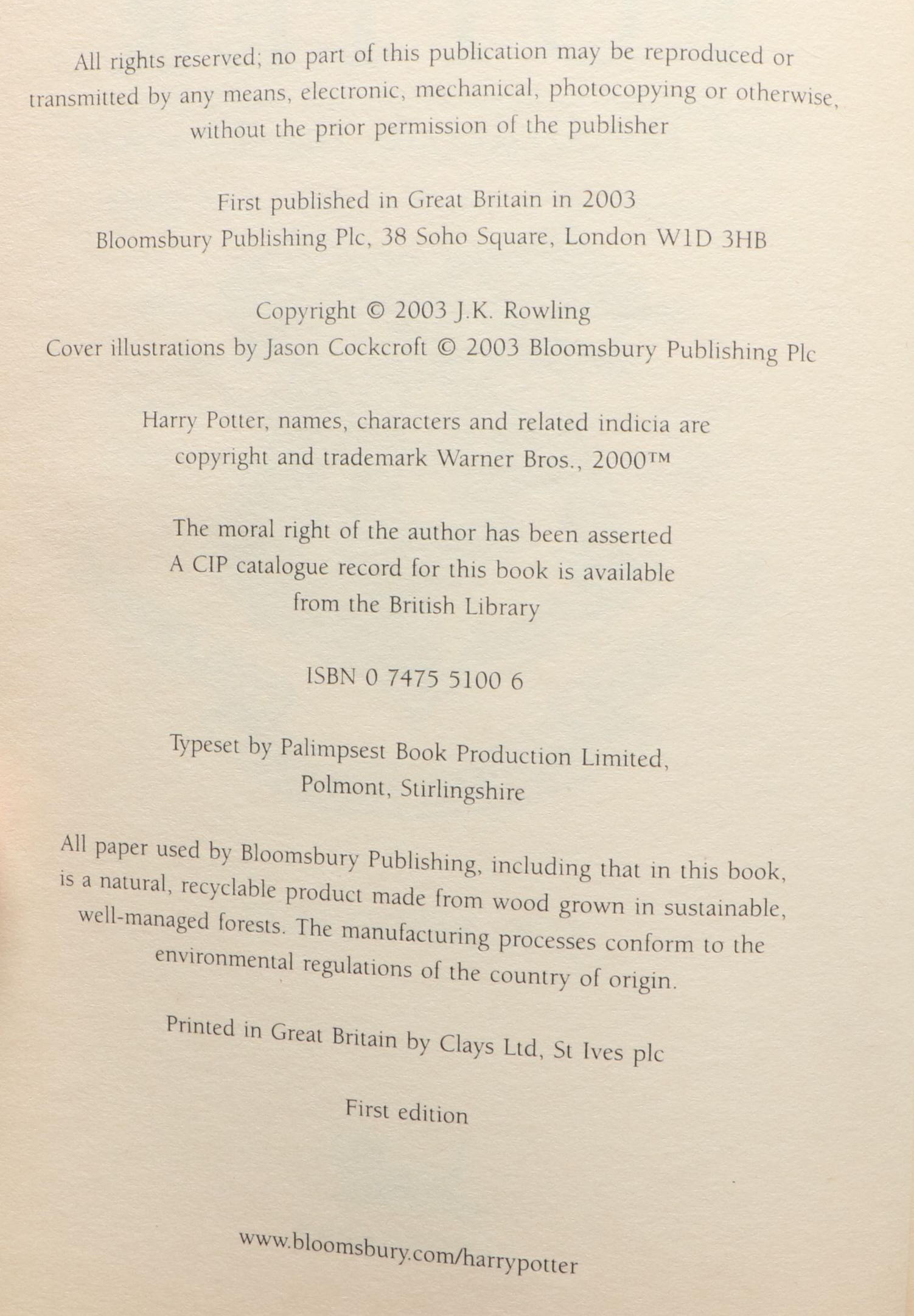 First UK Edition "Harry Potter and the Order of the Phoenix" by J. K. Rowling