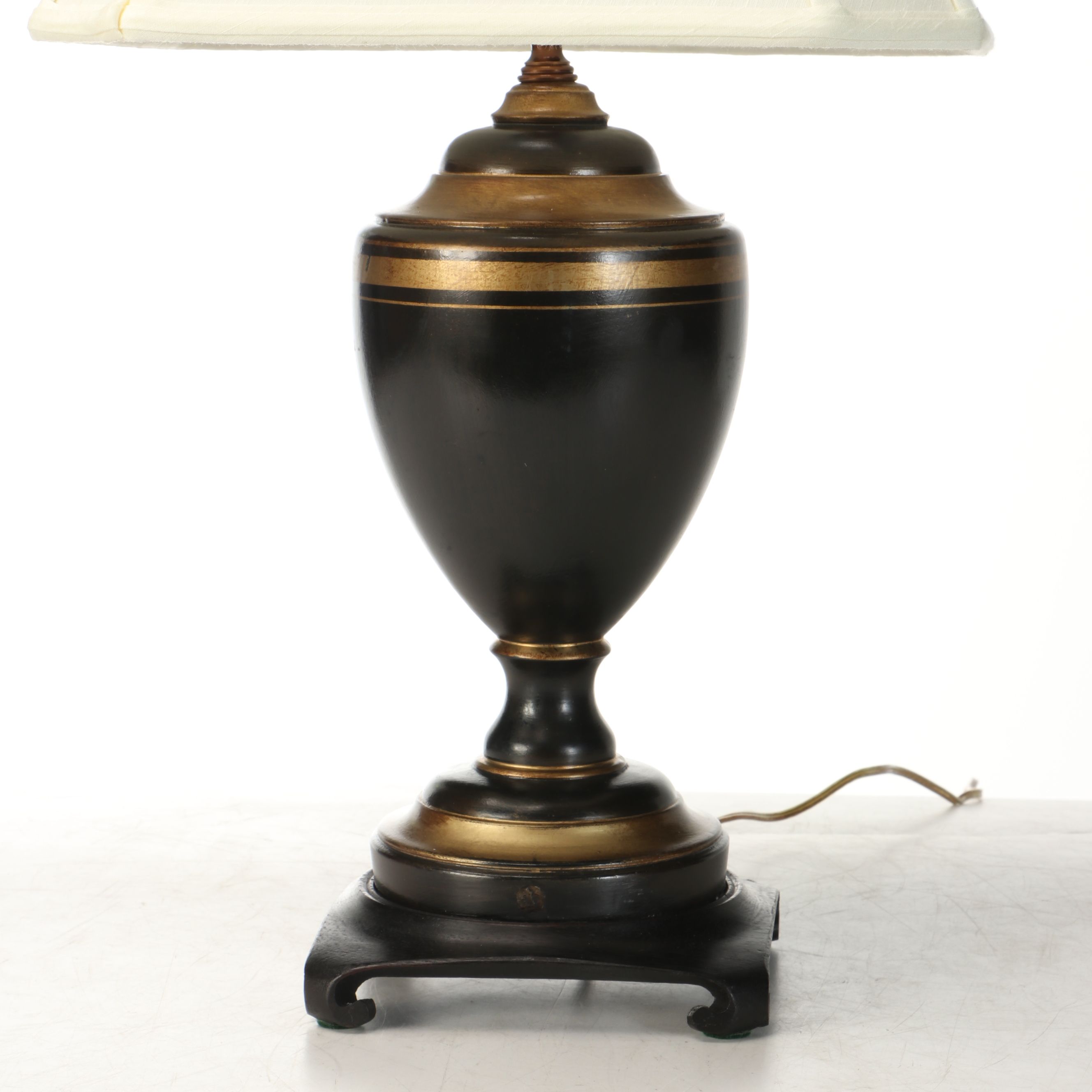 Neoclassical Style Gilt Banded Urn Table Lamp with Silk Shade