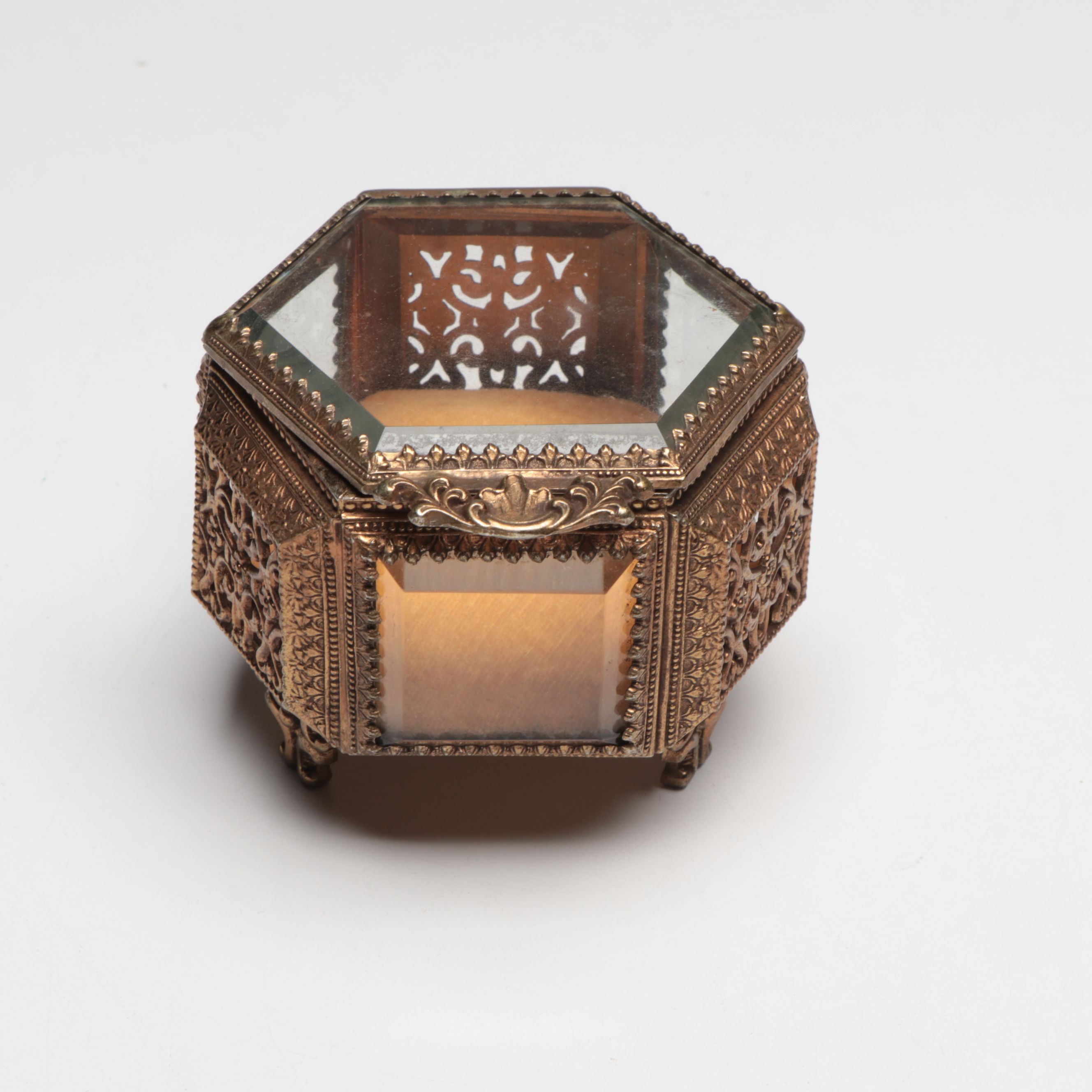 Hollywood Regency French Style Gilt Metal Filigree Dresser Boxes and Hairbrush