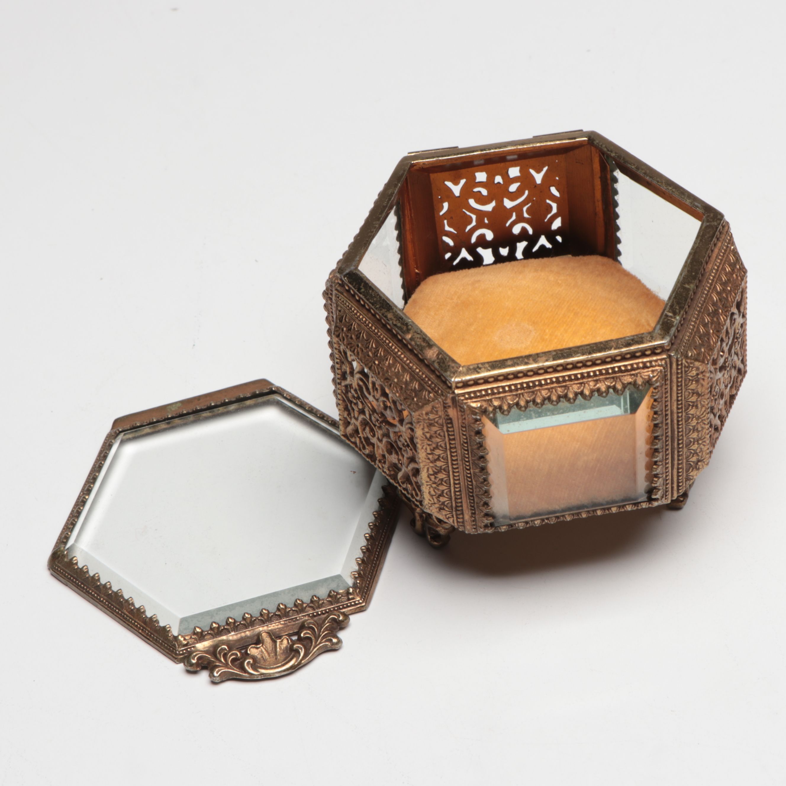 Hollywood Regency French Style Gilt Metal Filigree Dresser Boxes and Hairbrush