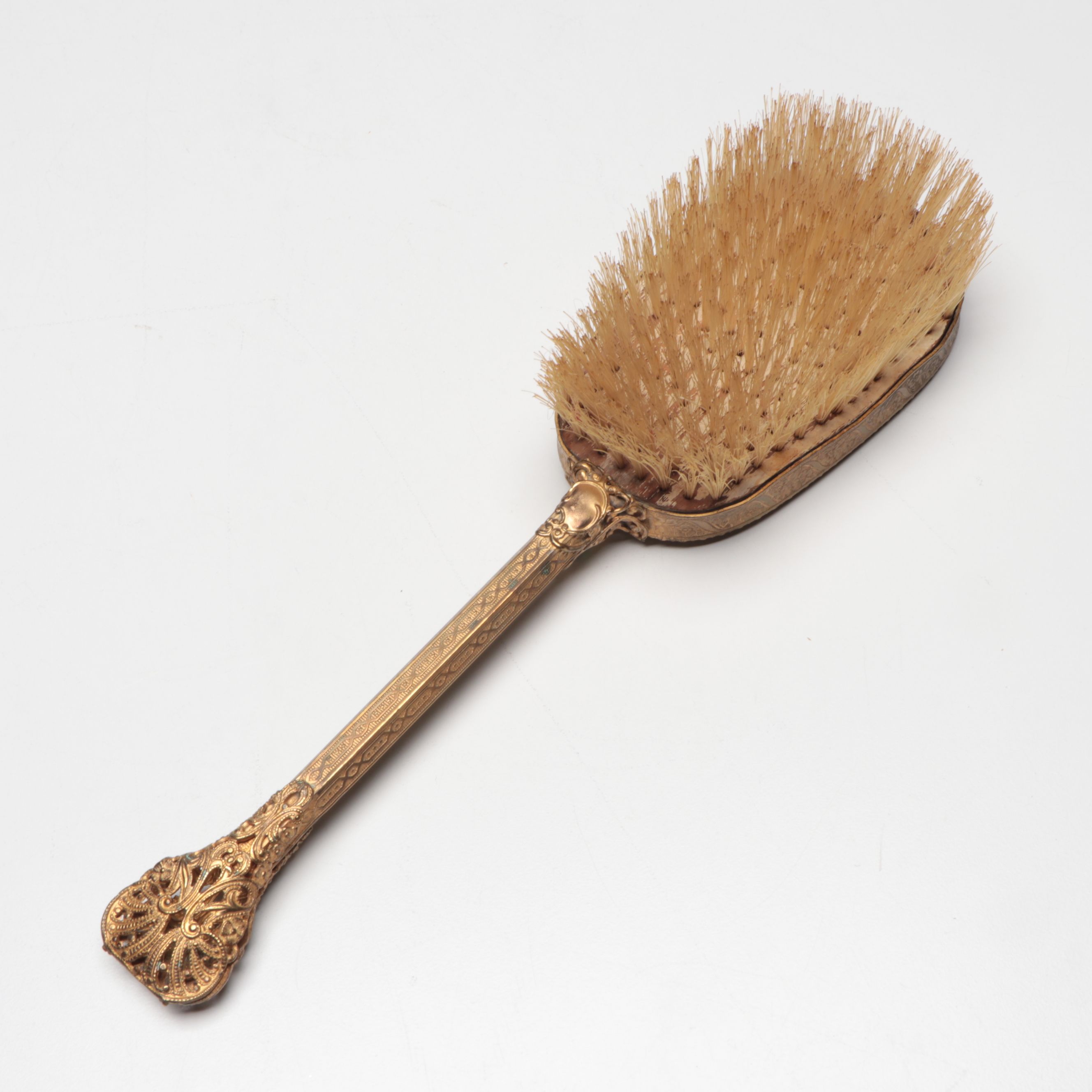 Hollywood Regency French Style Gilt Metal Filigree Dresser Boxes and Hairbrush