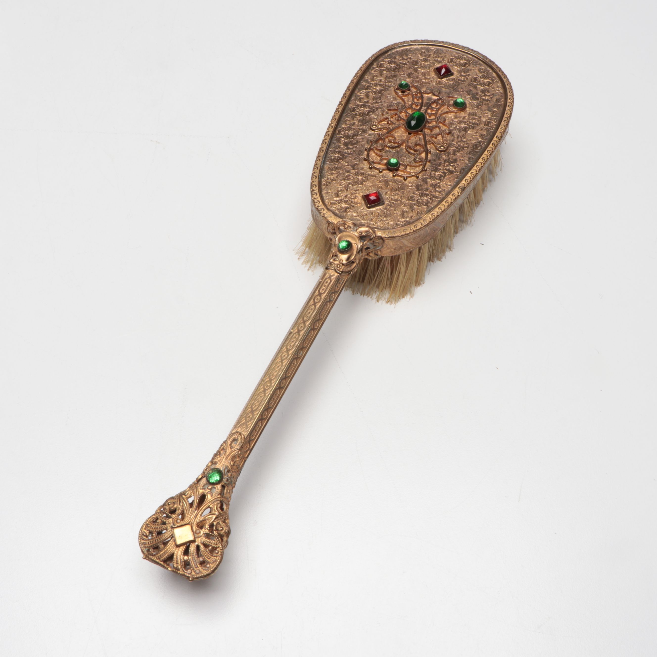 Hollywood Regency French Style Gilt Metal Filigree Dresser Boxes and Hairbrush