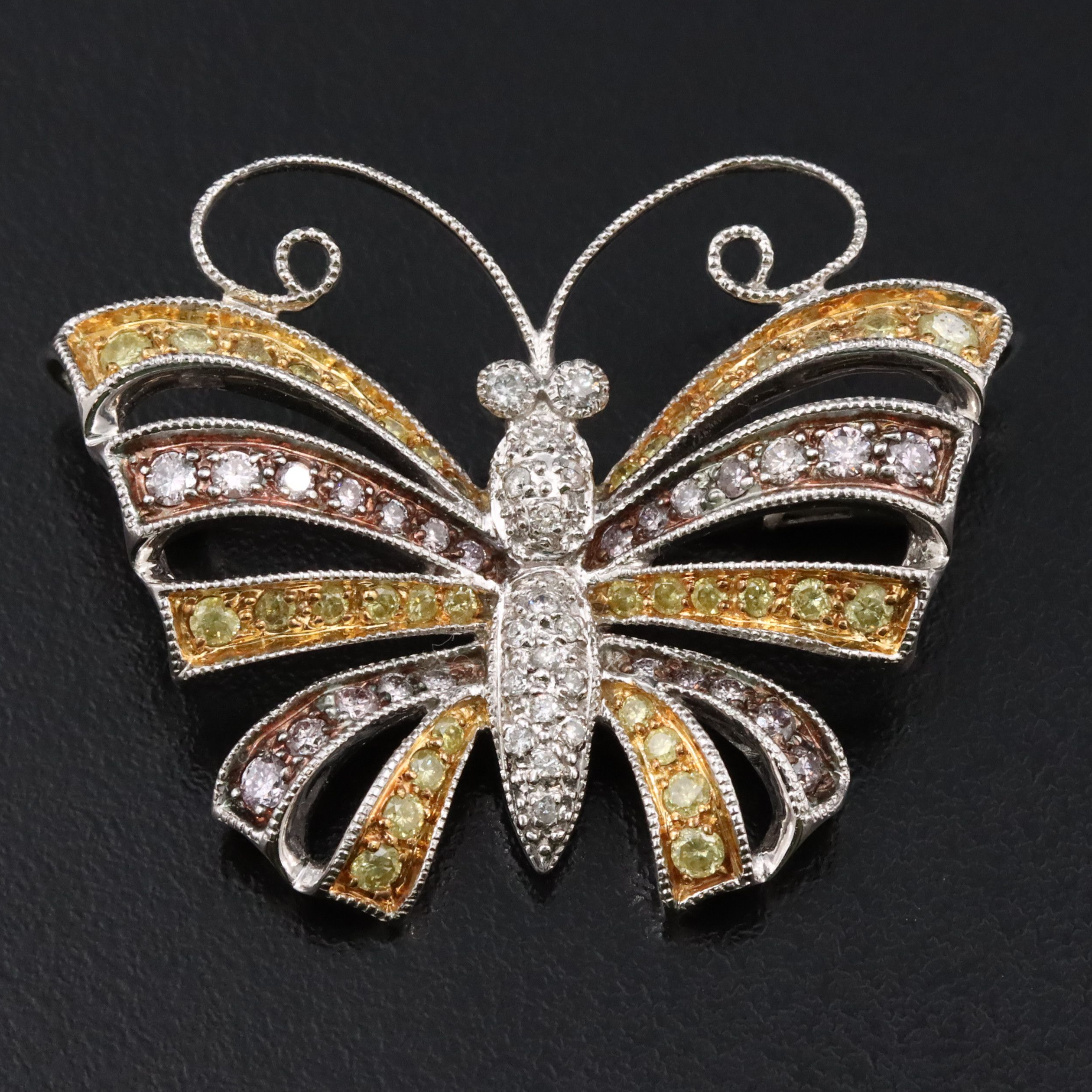 14K 1.50 CTW Diamond Butterfly Converter Brooch Featuring Fancy Yellow