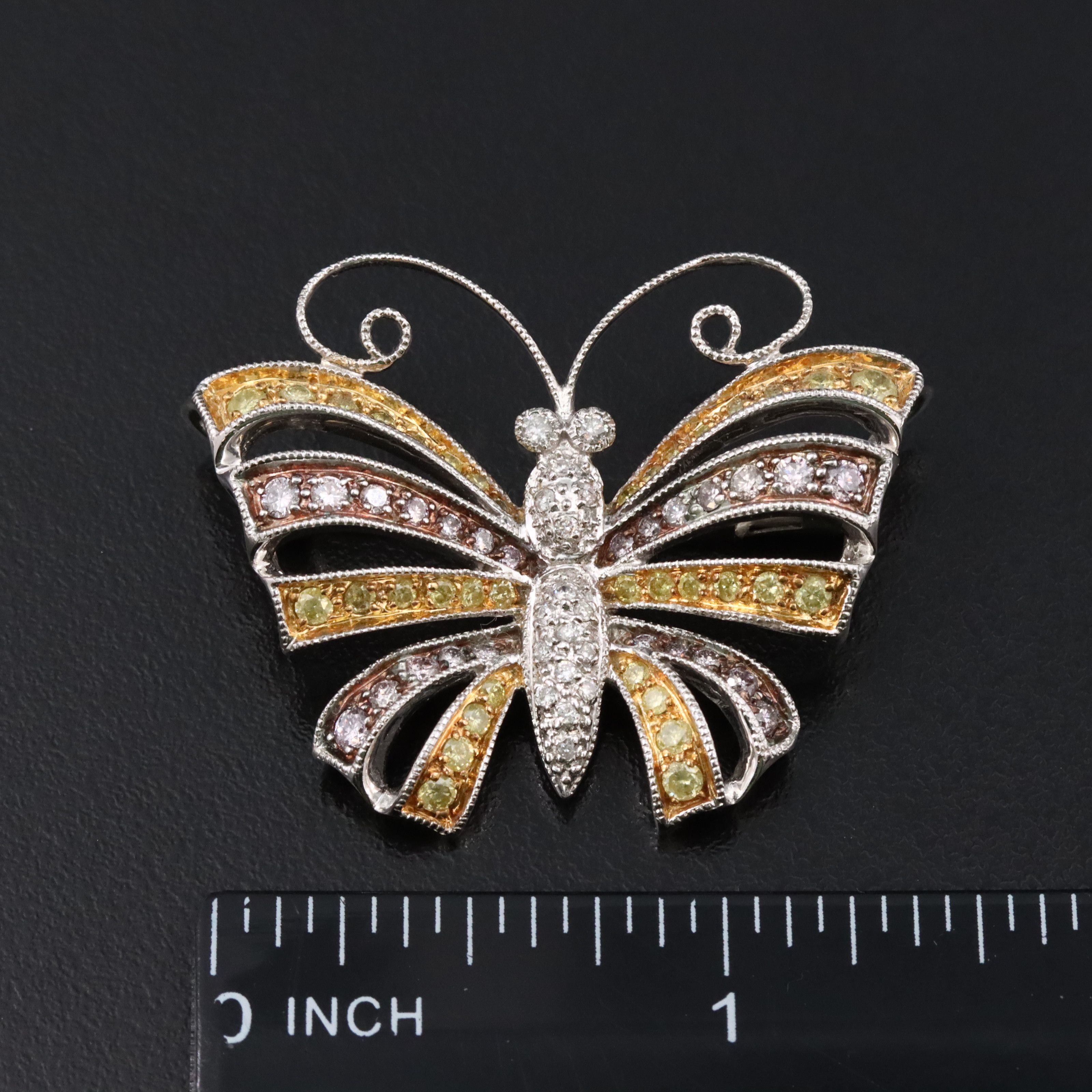 14K 1.50 CTW Diamond Butterfly Converter Brooch Featuring Fancy Yellow