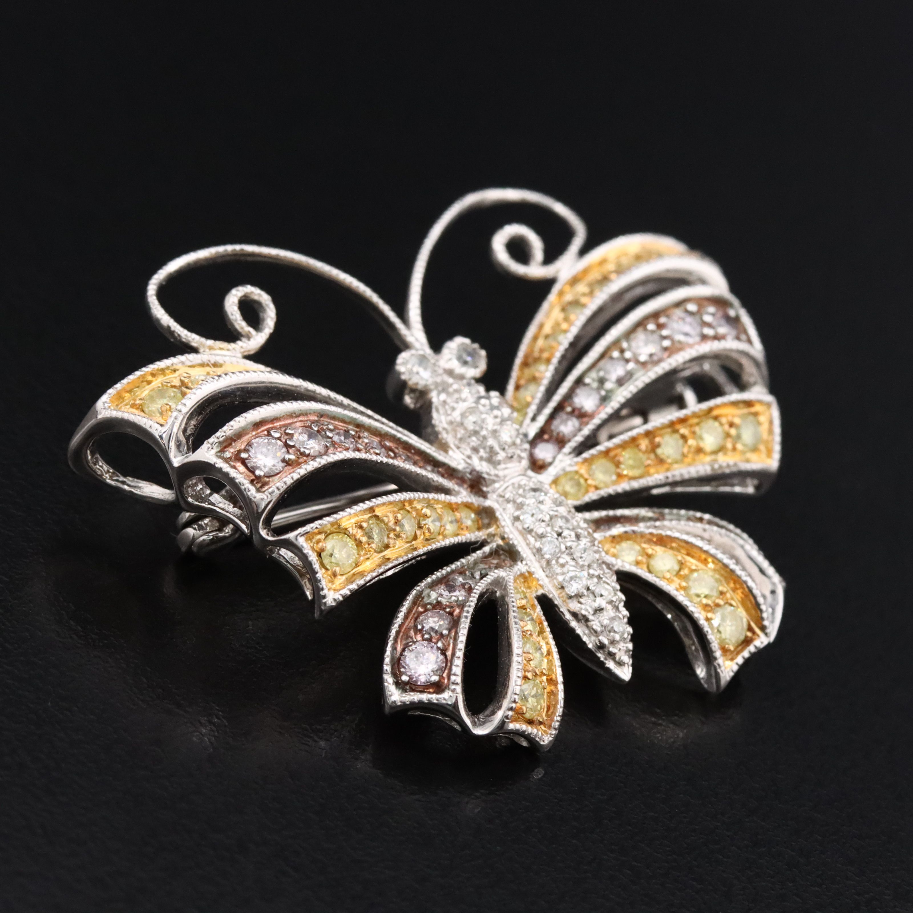 14K 1.50 CTW Diamond Butterfly Converter Brooch Featuring Fancy Yellow