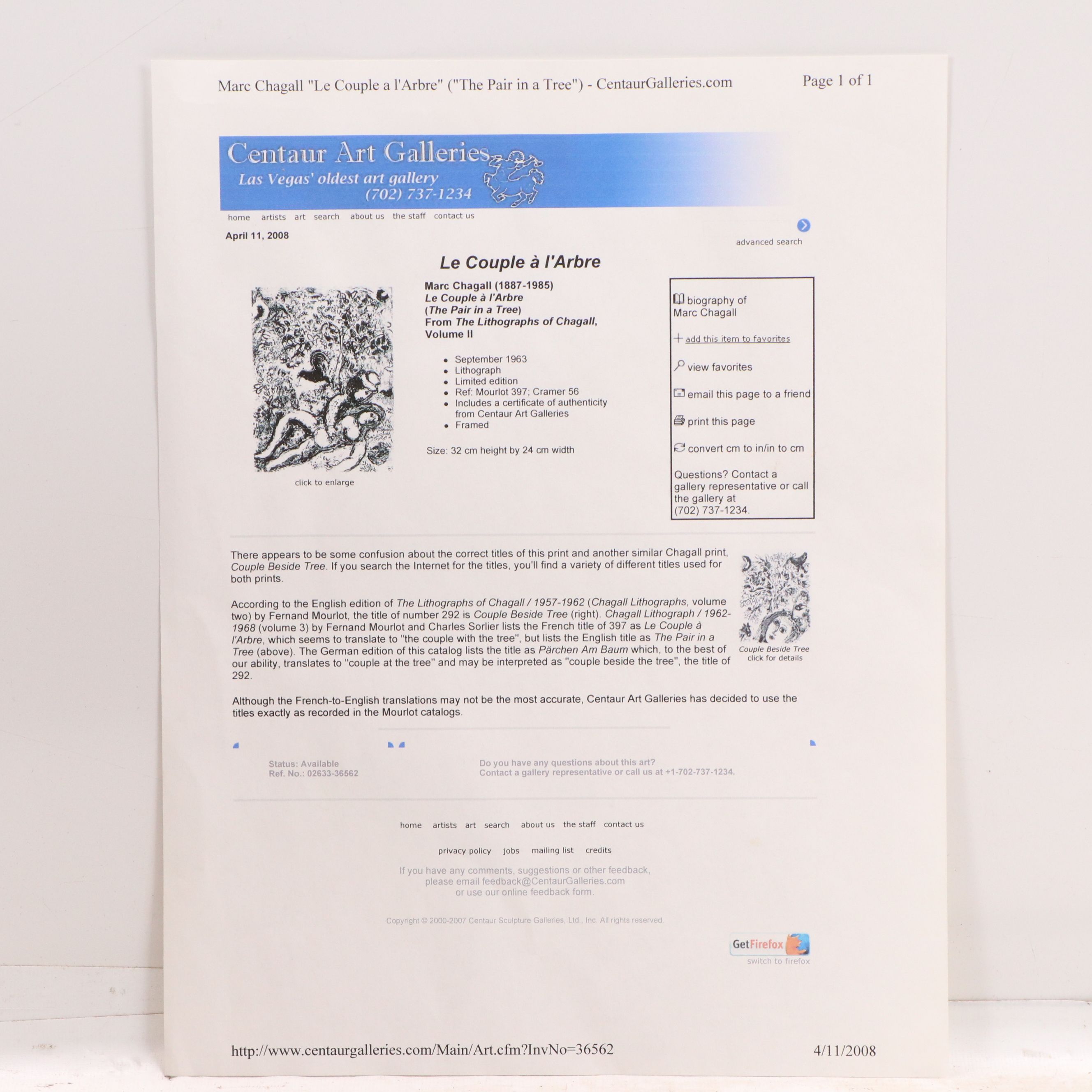 Marc Chagall Lithograph "The Pair in a Tree," 1963