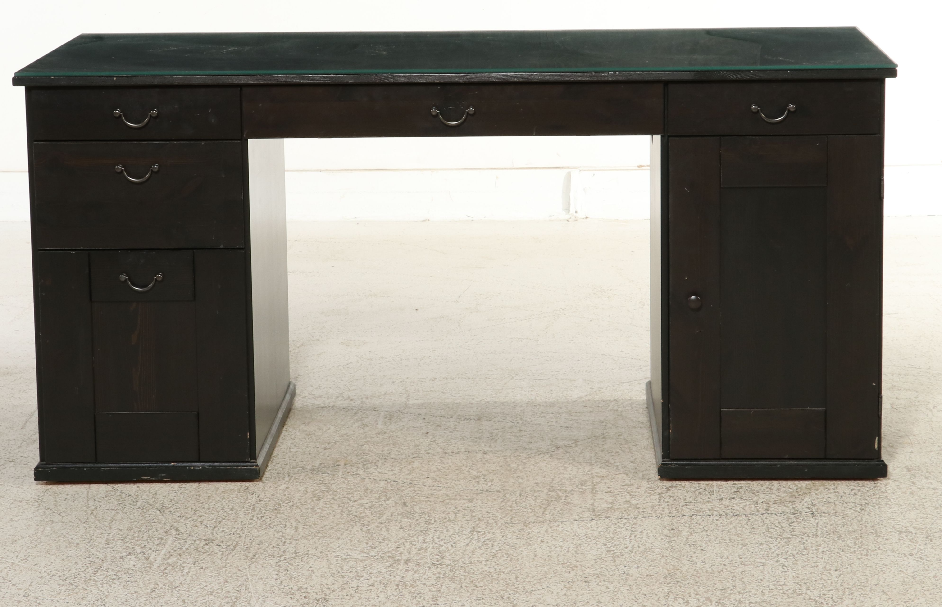 Contemporary Ebonized Wood Kneehole Desk with Glass Top